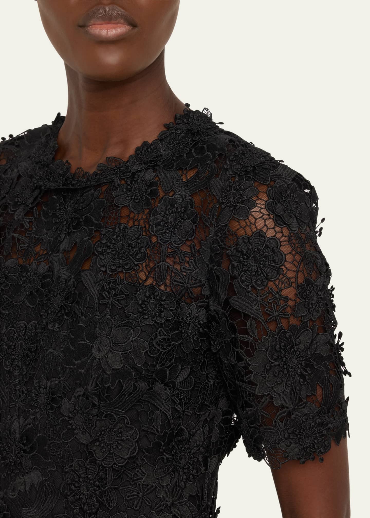 Carolina Herrera Floral Lace Short-Sleeve Illusion Dress Image 5 of 5