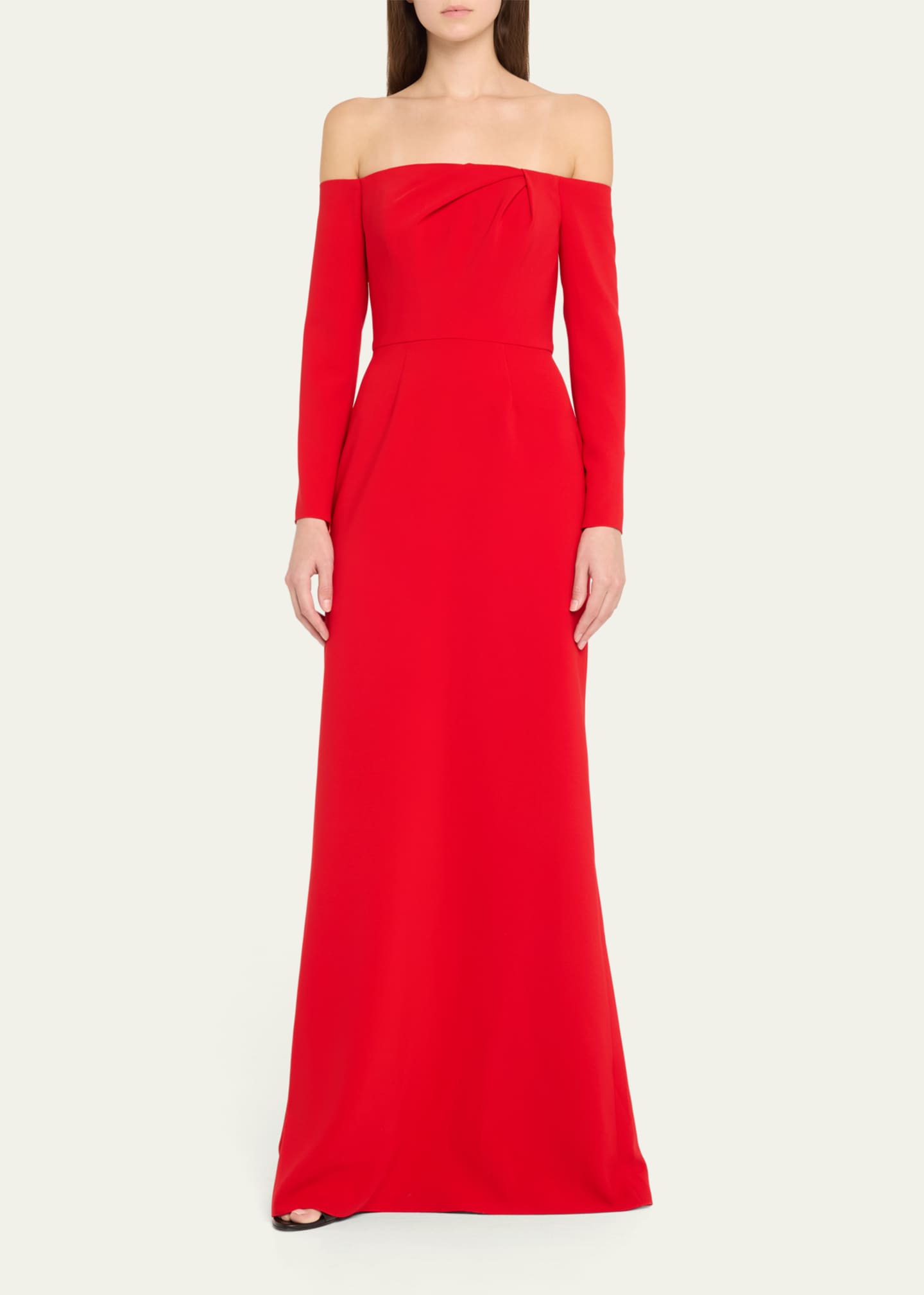 Carolina Herrera Draped Long-Sleeve Off-The-Shoulder Trumpet Gown Image 2 of 5