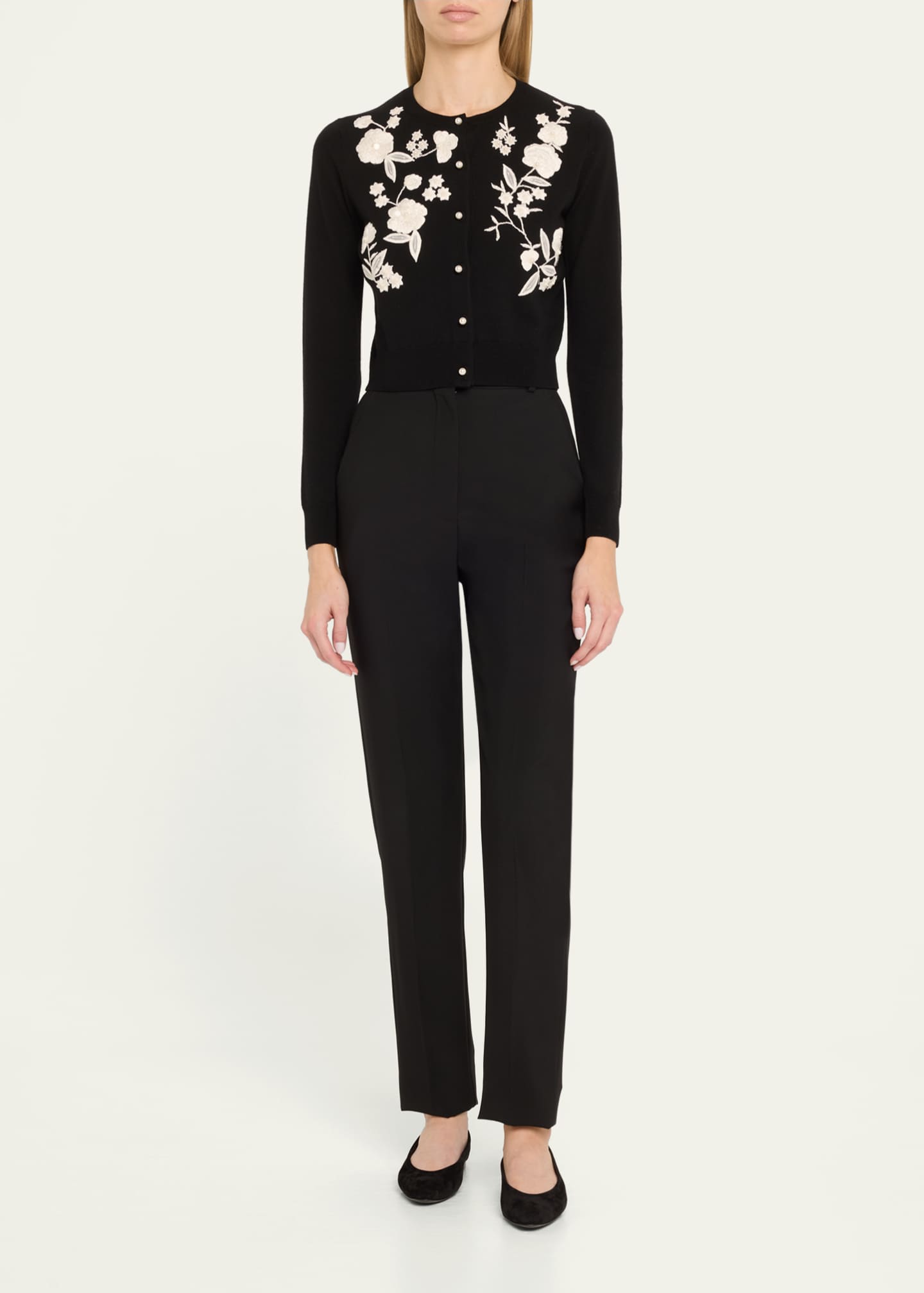 Carolina Herrera Floral Embroidered Crewneck Cardigan With Pearly Buttons Image 2 of 5