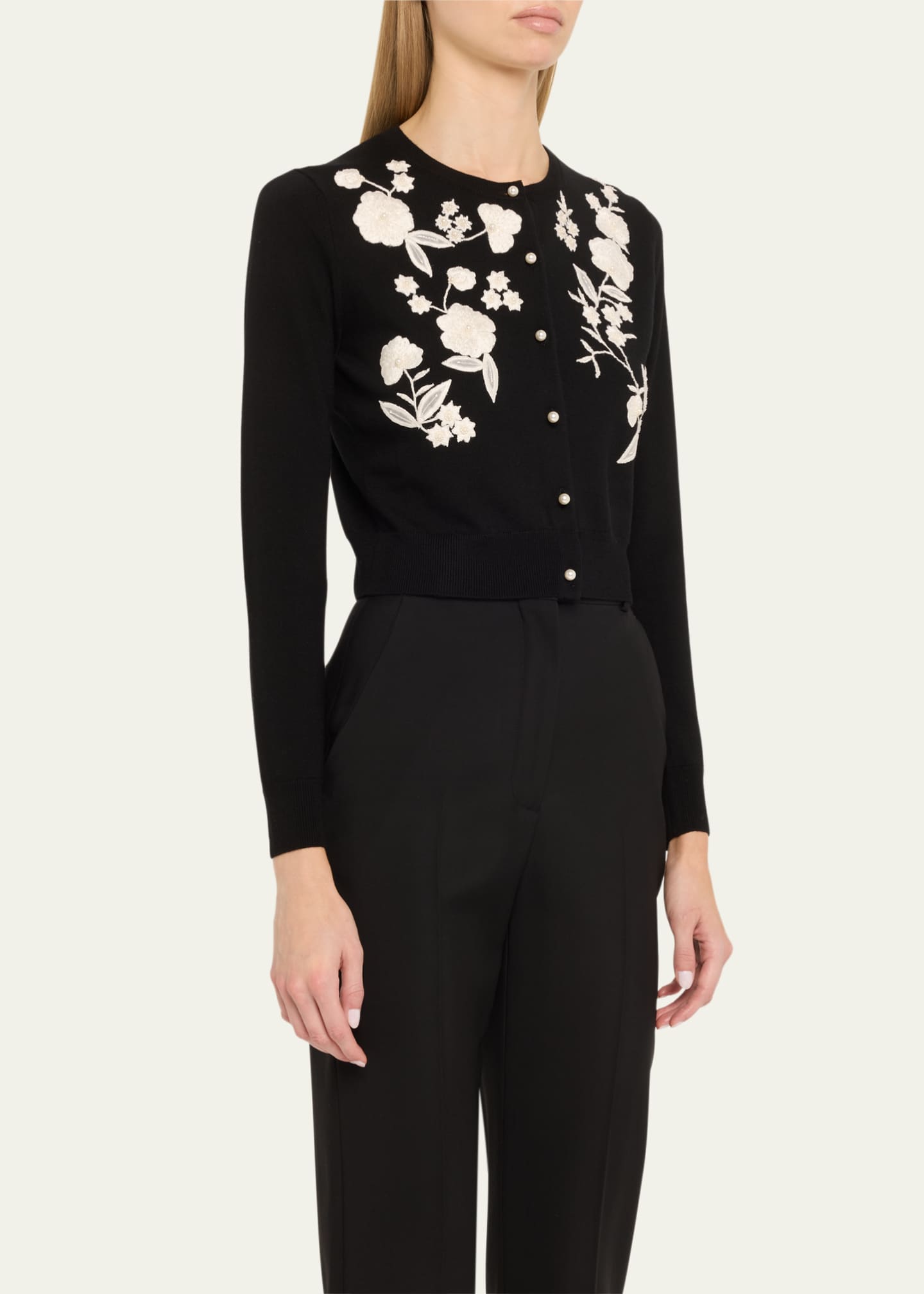 Carolina Herrera Floral Embroidered Crewneck Cardigan With Pearly Buttons Image 4 of 5