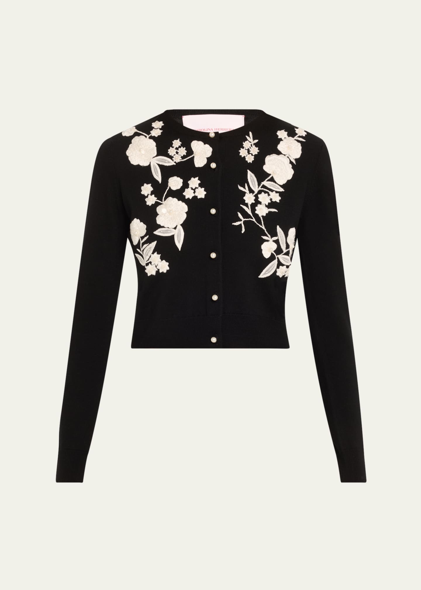 Carolina Herrera Floral Embroidered Crewneck Cardigan With Pearly Buttons Image 1 of 5