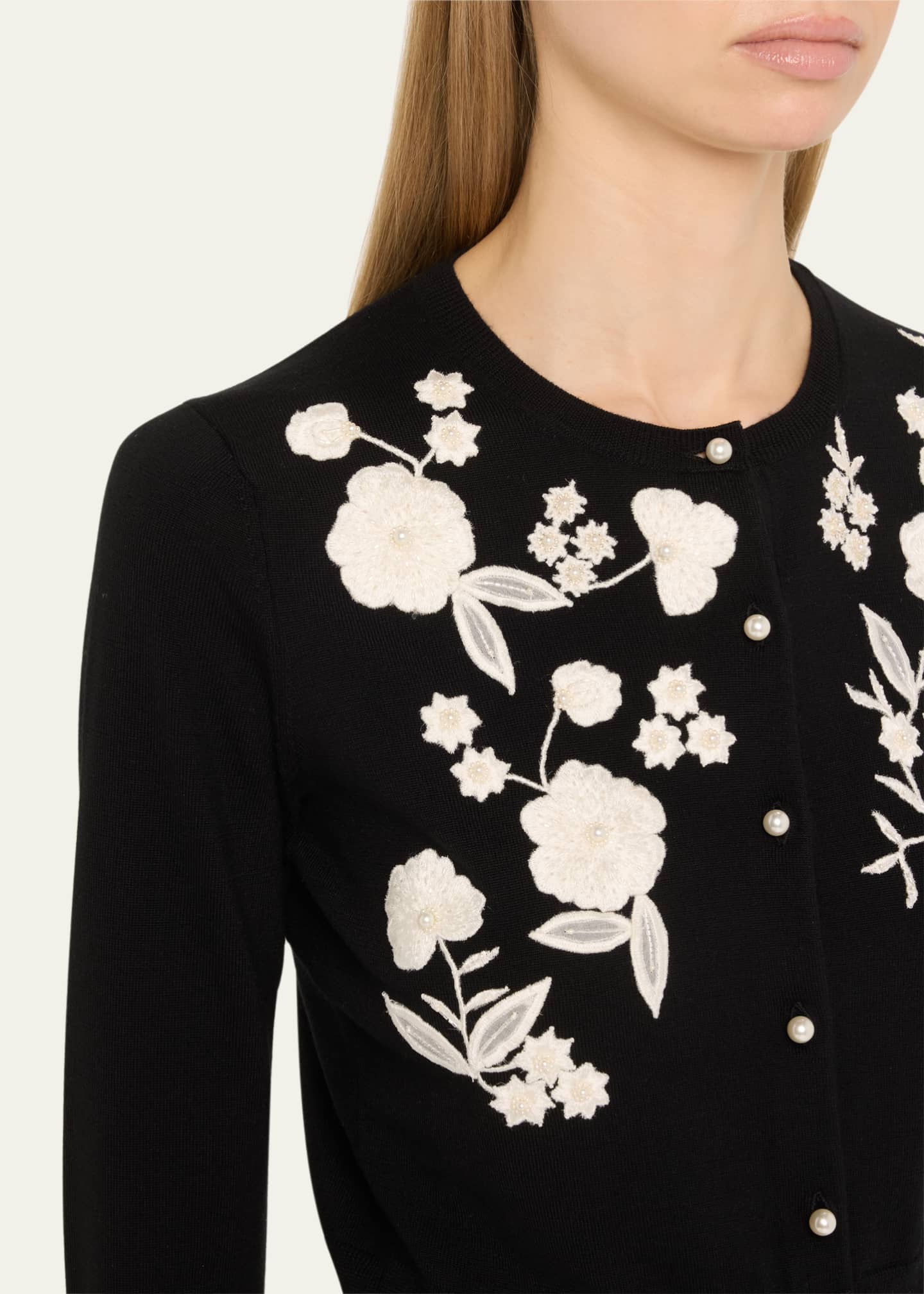 Carolina Herrera Floral Embroidered Crewneck Cardigan With Pearly Buttons Image 5 of 5