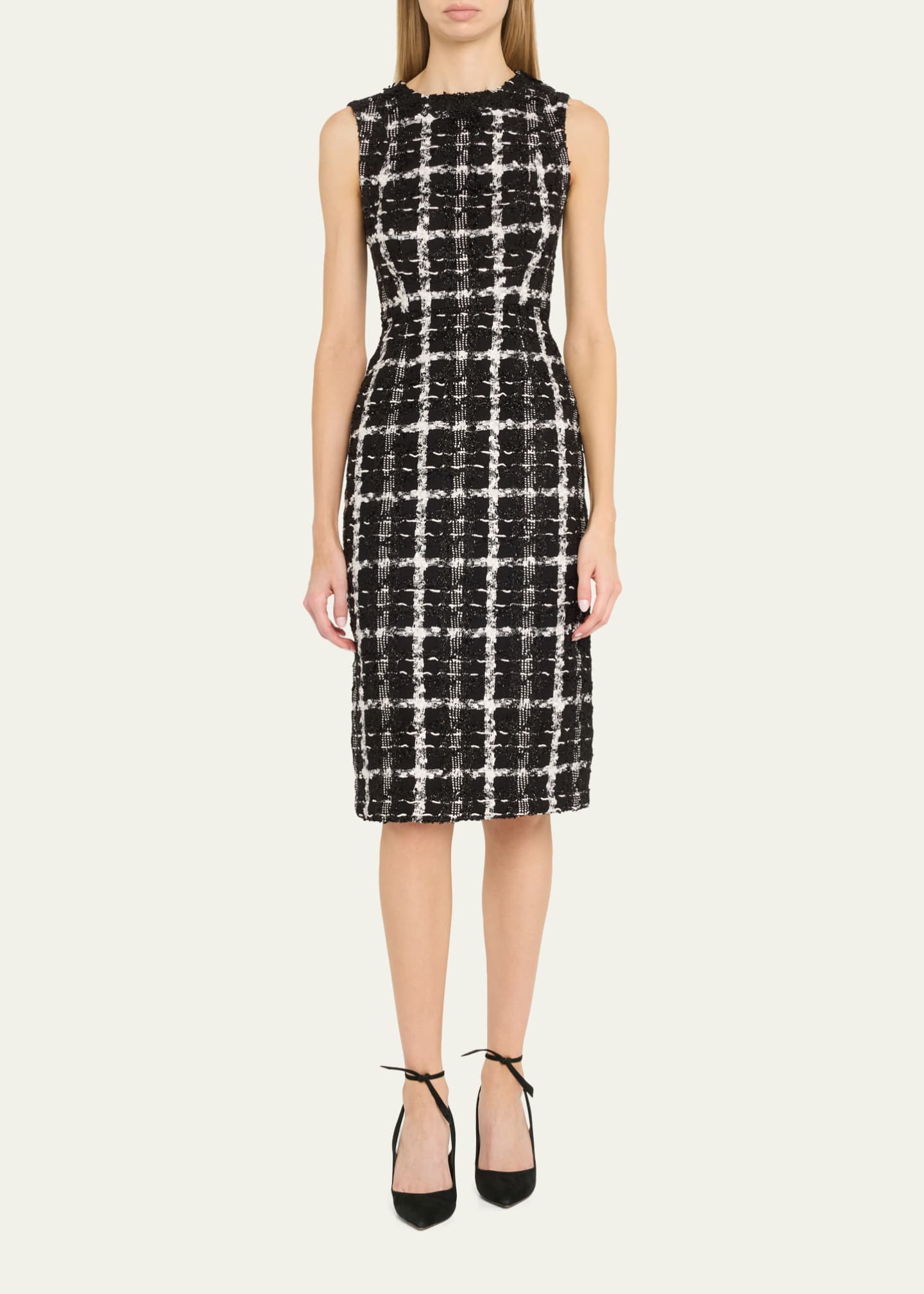 Carolina Herrera Metallic Check Tweed Sleeveless Midi Dress Image 2 of 5