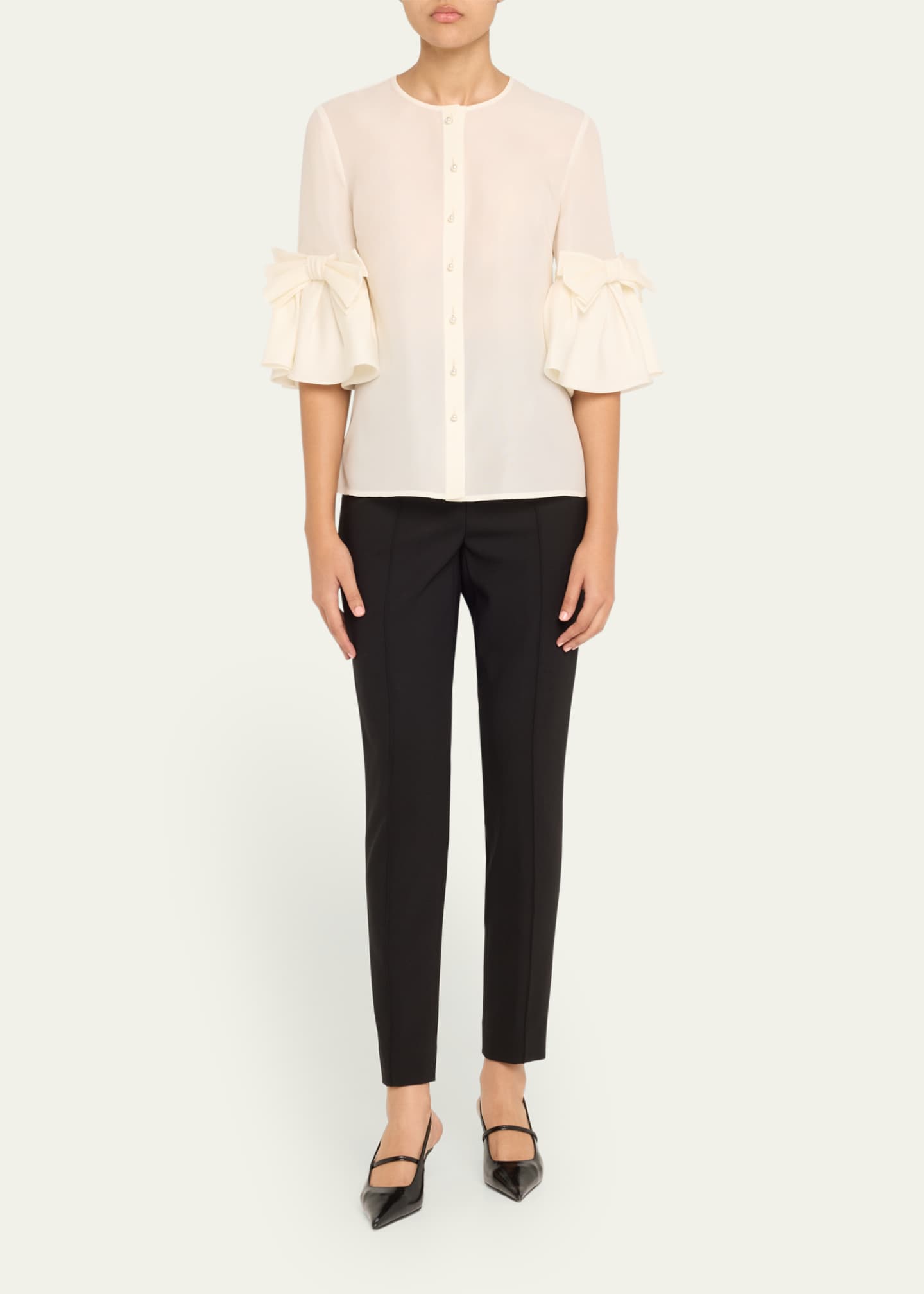 Carolina Herrera Pearly Button Bow Ruffle-Sleeve Silk Top Image 2 of 5