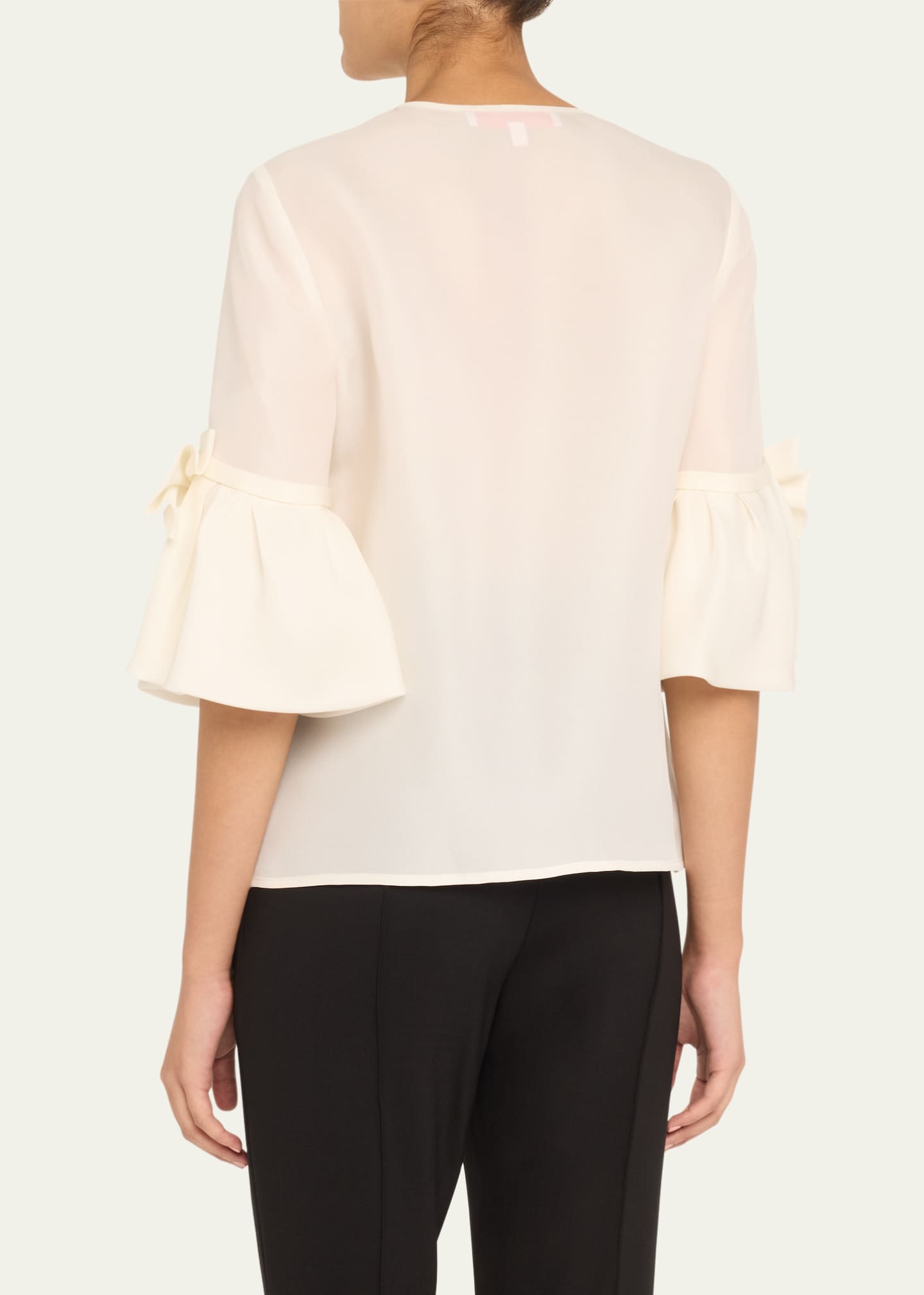Carolina Herrera Pearly Button Bow Ruffle-Sleeve Silk Top Image 3 of 5