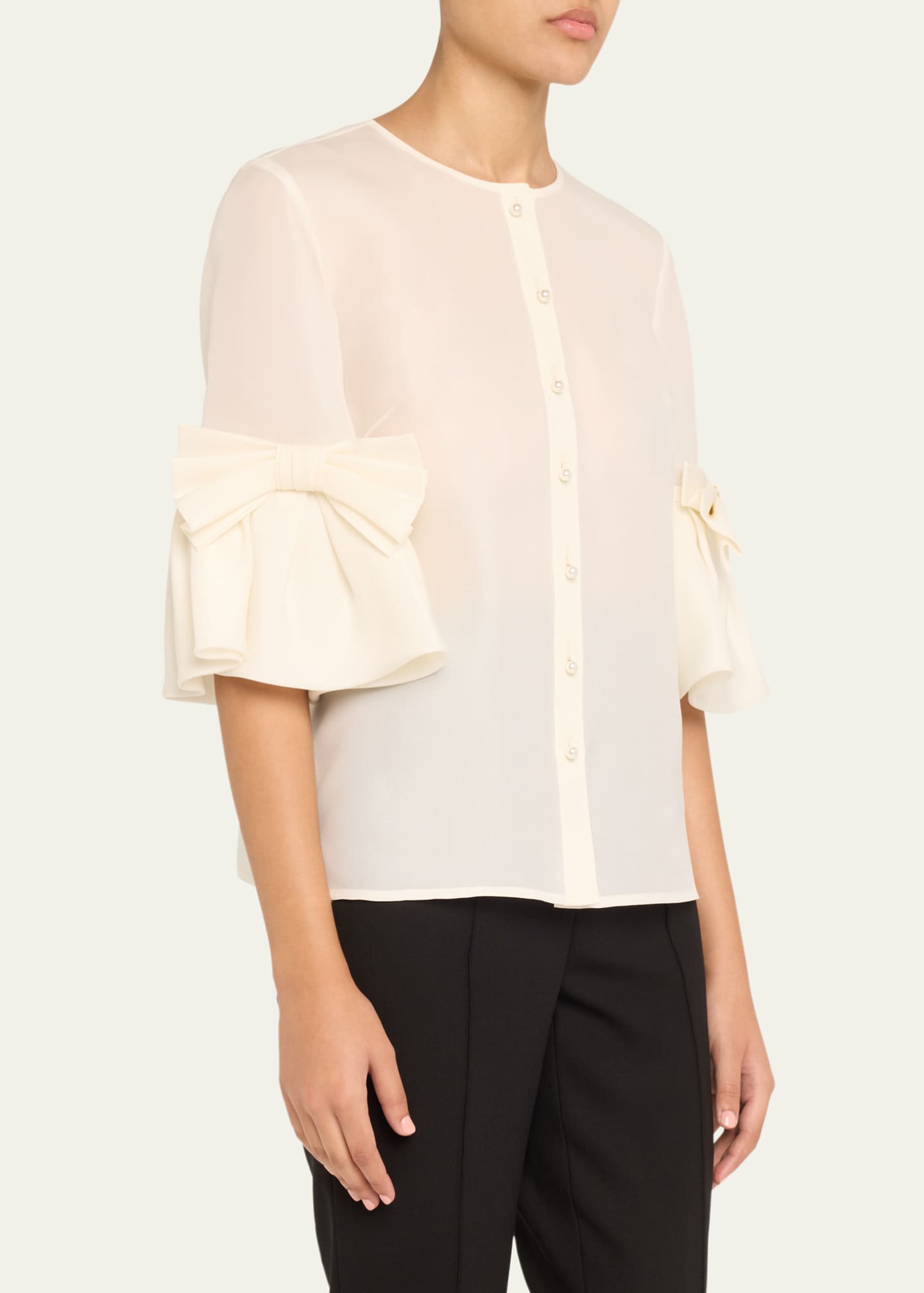 Carolina Herrera Pearly Button Bow Ruffle-Sleeve Silk Top Image 4 of 5