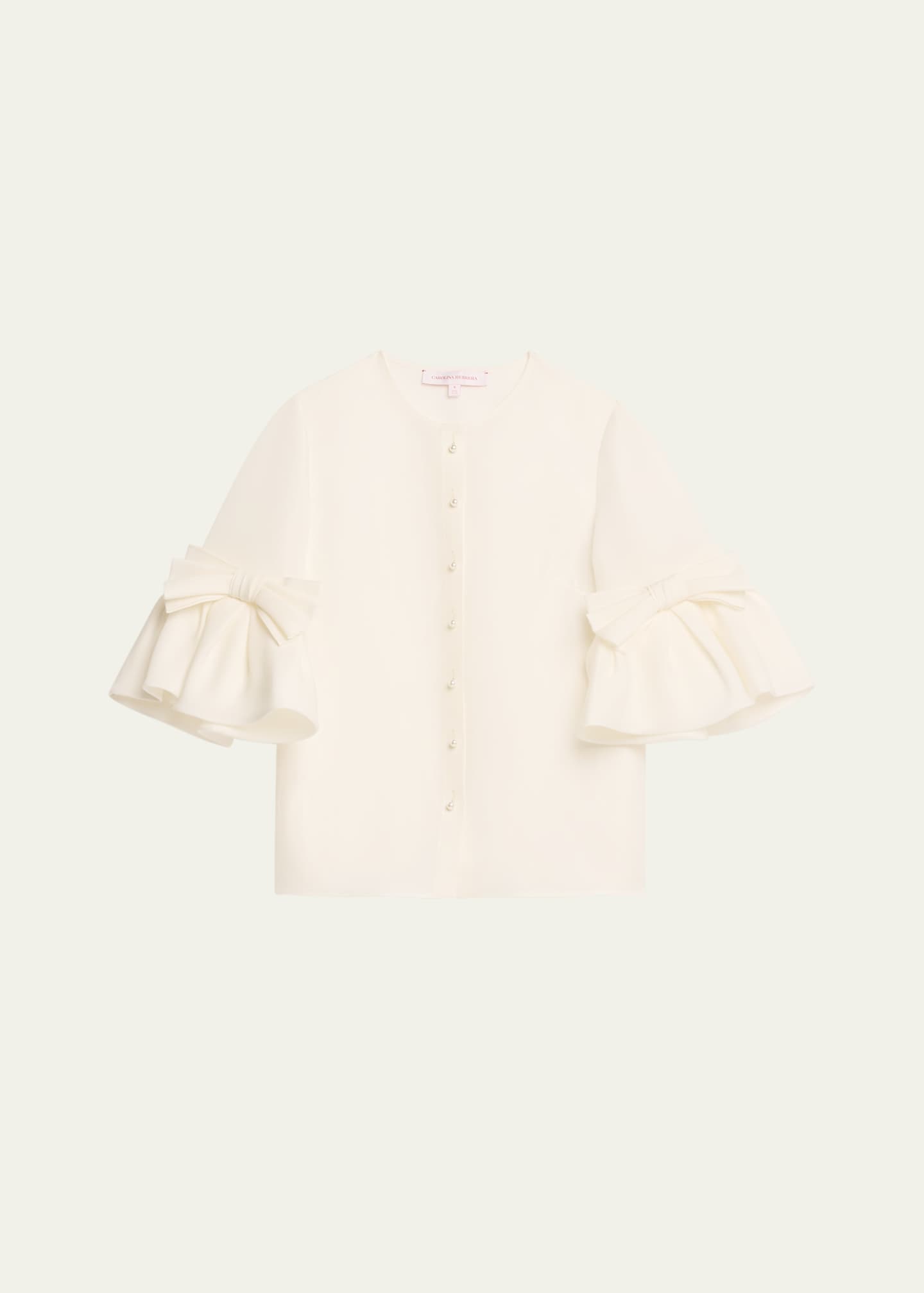Carolina Herrera Pearly Button Bow Ruffle-Sleeve Silk Top Image 1 of 5