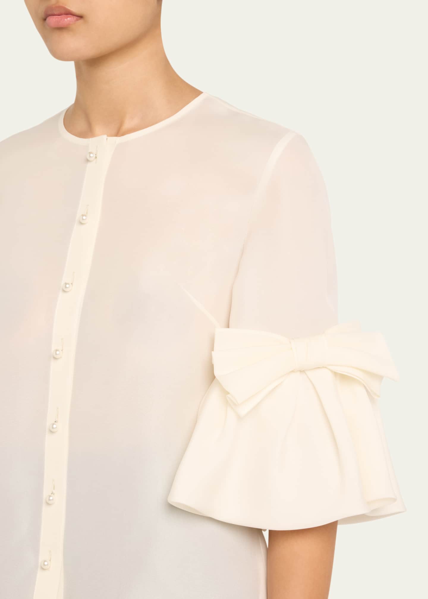 Carolina Herrera Pearly Button Bow Ruffle-Sleeve Silk Top Image 5 of 5