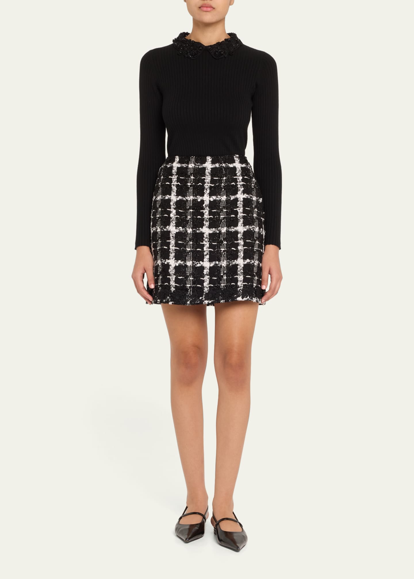 Carolina Herrera Removable Lace Collar Long-Sleeve Rib Sweater Image 2 of 5