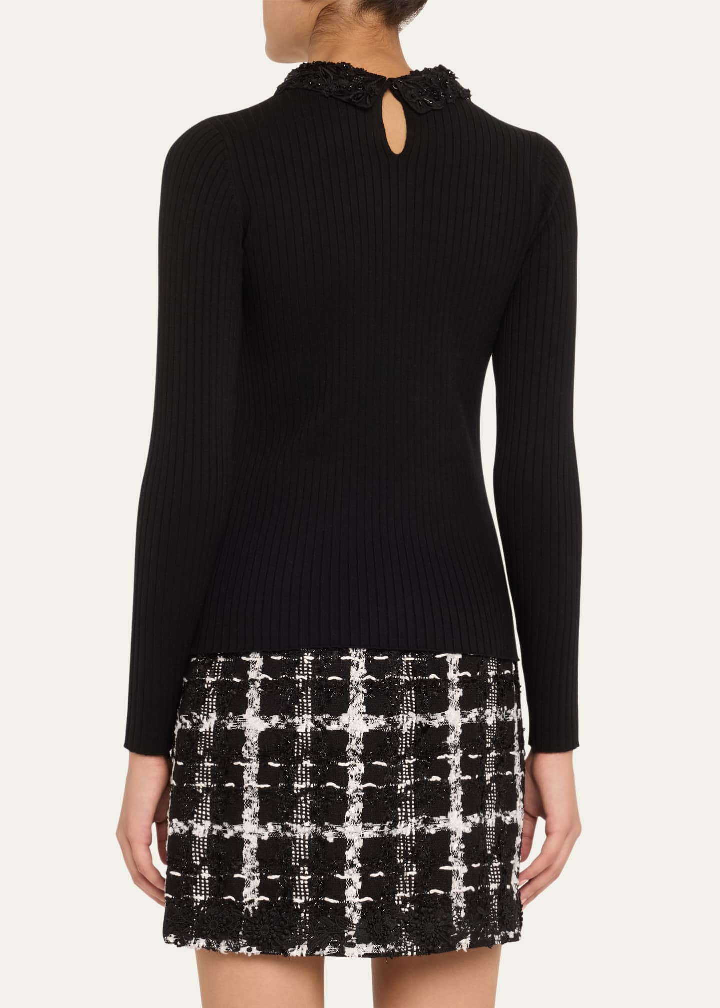 Carolina Herrera Removable Lace Collar Long-Sleeve Rib Sweater Image 3 of 5