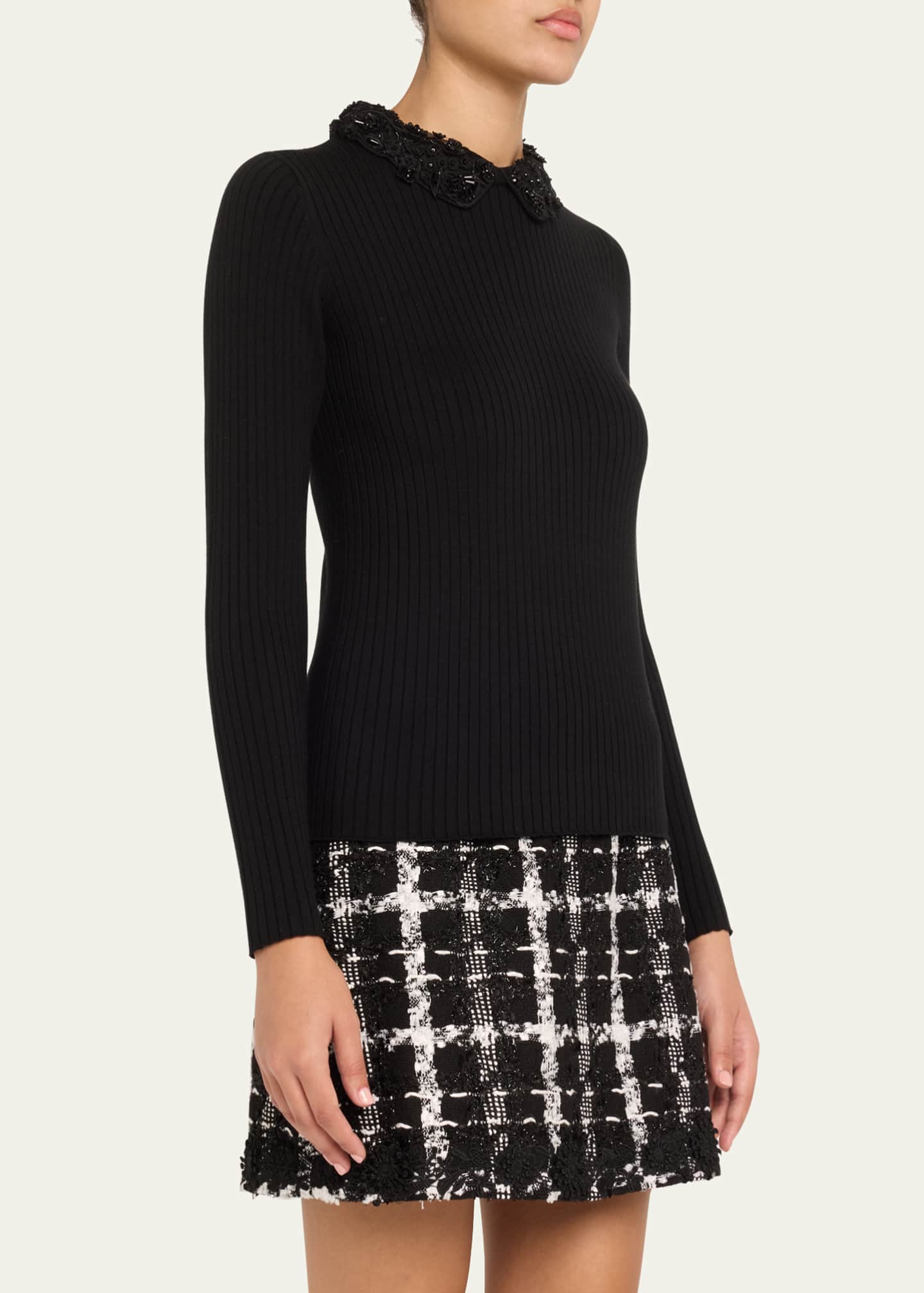Carolina Herrera Removable Lace Collar Long-Sleeve Rib Sweater Image 4 of 5