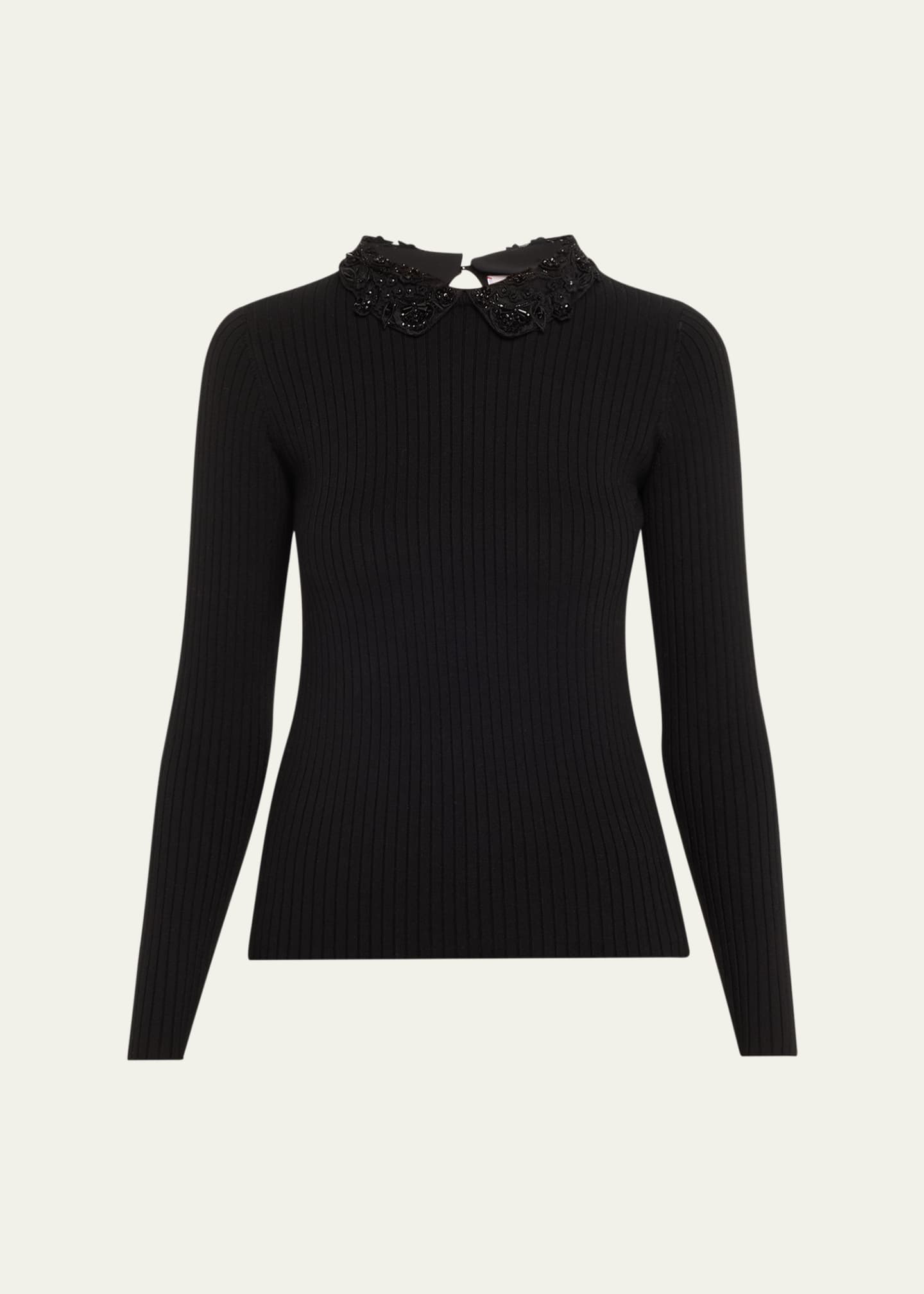 Carolina Herrera Removable Lace Collar Long-Sleeve Rib Sweater Image 1 of 5