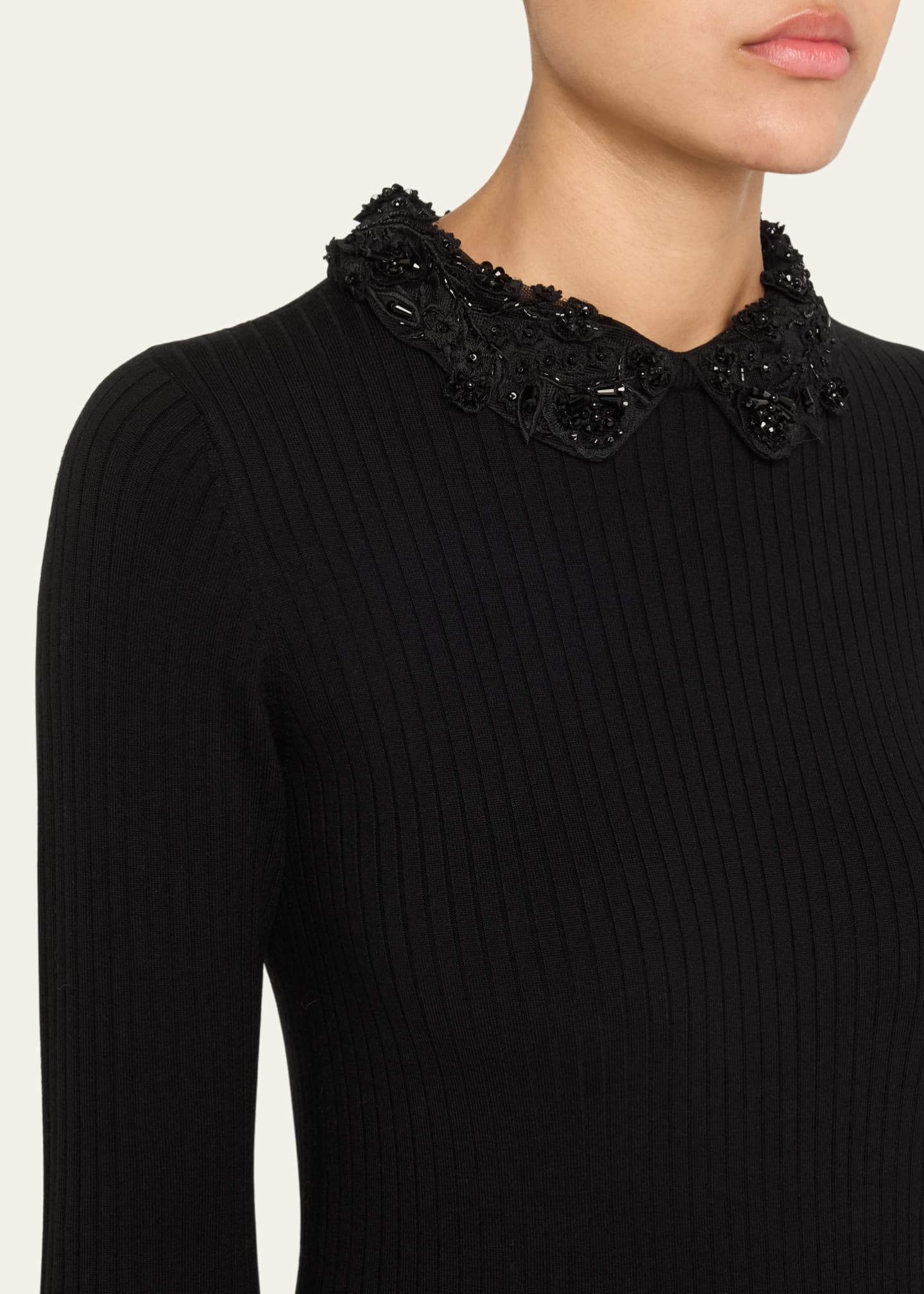 Carolina Herrera Removable Lace Collar Long-Sleeve Rib Sweater Image 5 of 5