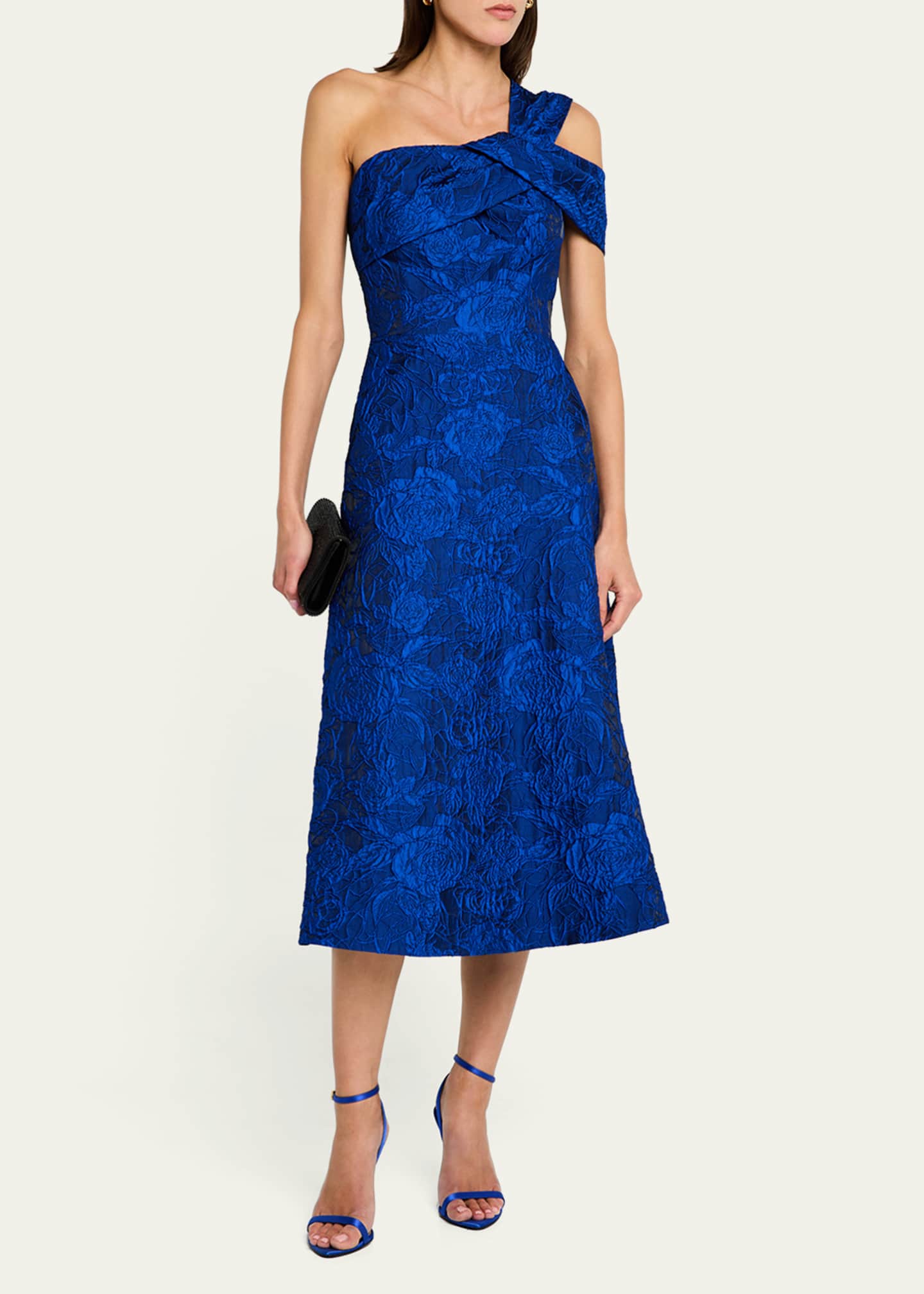Rickie Freeman for Teri Jon One-Shoulder Floral Jacquard Midi Dress Image 2 of 5