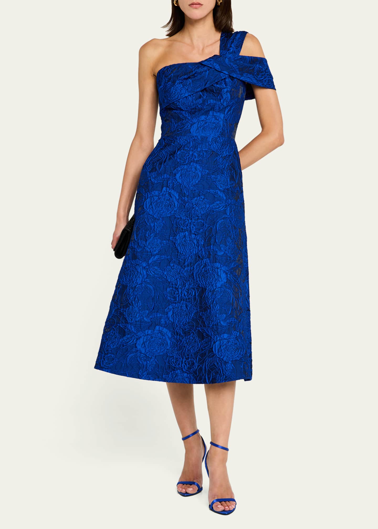 Rickie Freeman for Teri Jon One-Shoulder Floral Jacquard Midi Dress Image 4 of 5