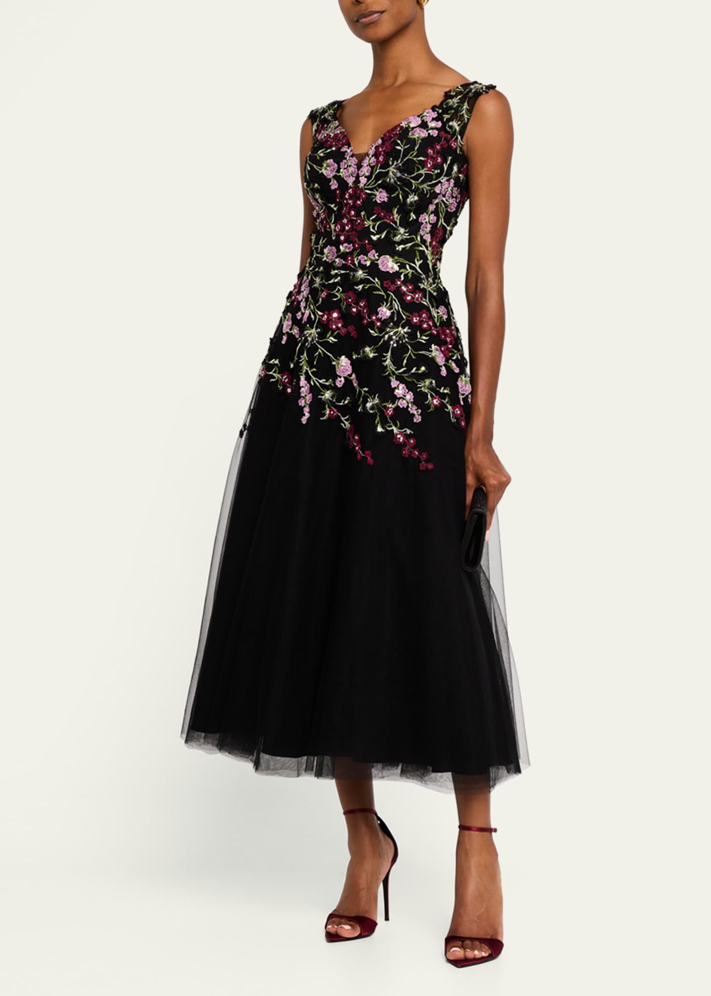 Rickie Freeman for Teri Jon Sequin Embroidered Tulle Midi Dress Image 2 of 5
