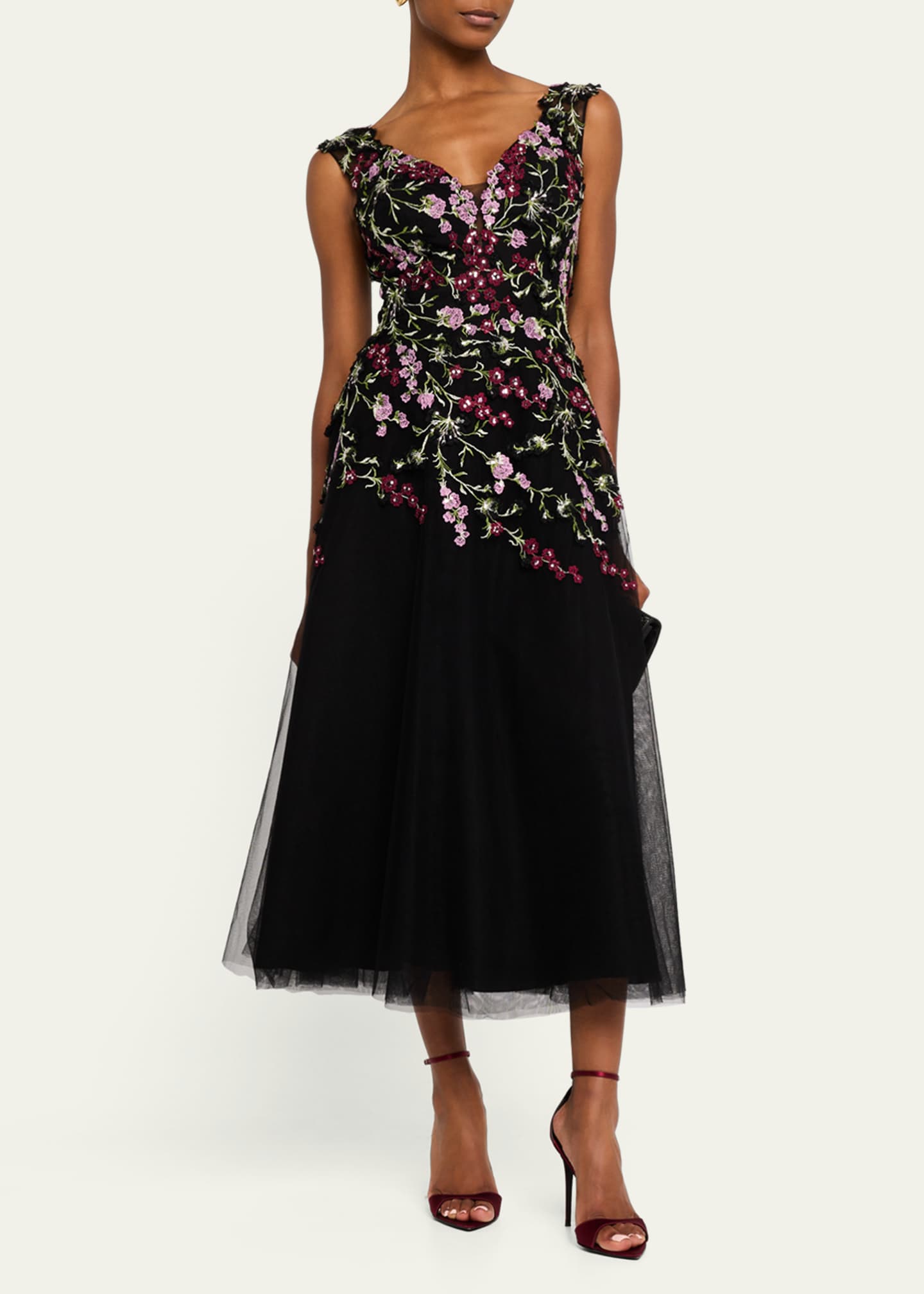 Rickie Freeman for Teri Jon Sequin Embroidered Tulle Midi Dress Image 3 of 5