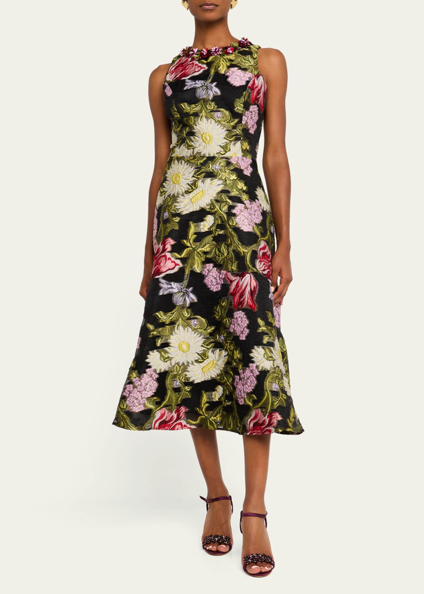 Rickie Freeman for Teri Jon Beaded Floral Jacquard Midi Dress Image 3 of 5