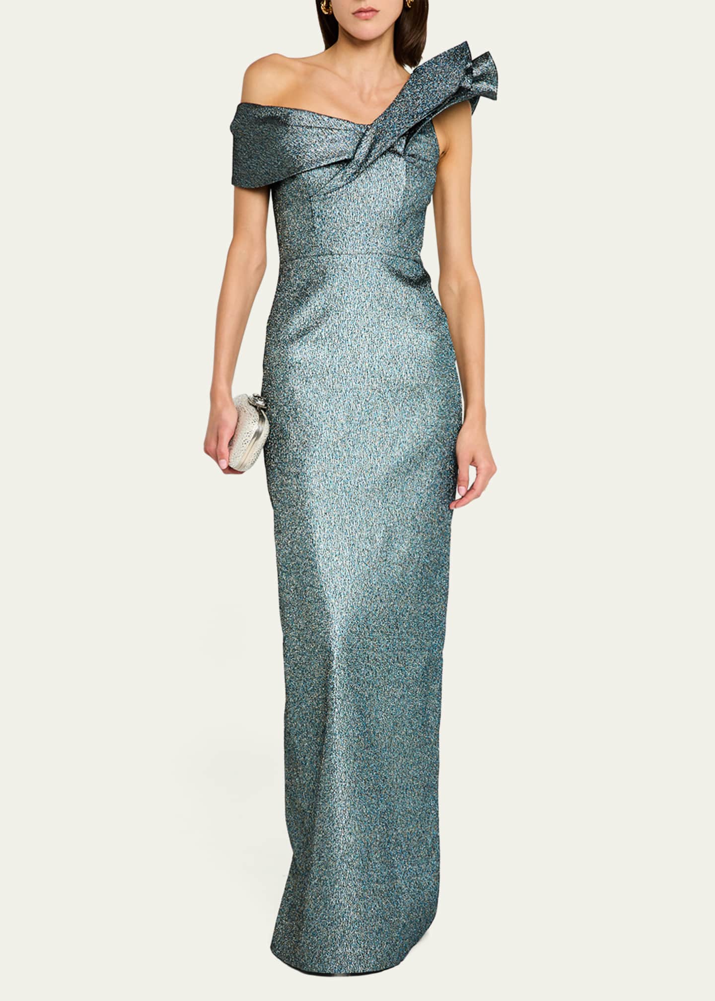 Rickie Freeman for Teri Jon One-Shoulder Metallic Jacquard Column Gown Image 2 of 5