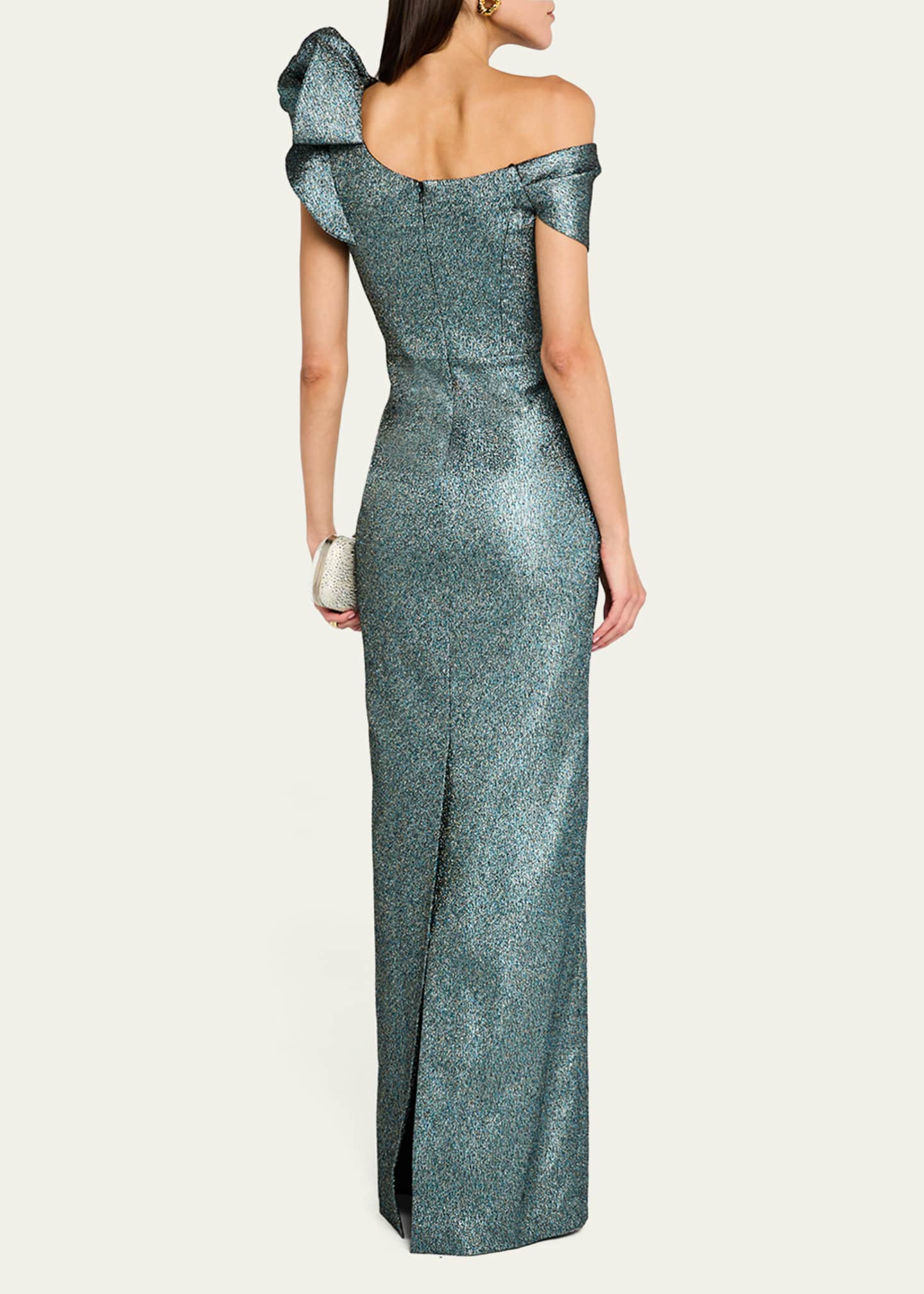 Rickie Freeman for Teri Jon One-Shoulder Metallic Jacquard Column Gown Image 3 of 5