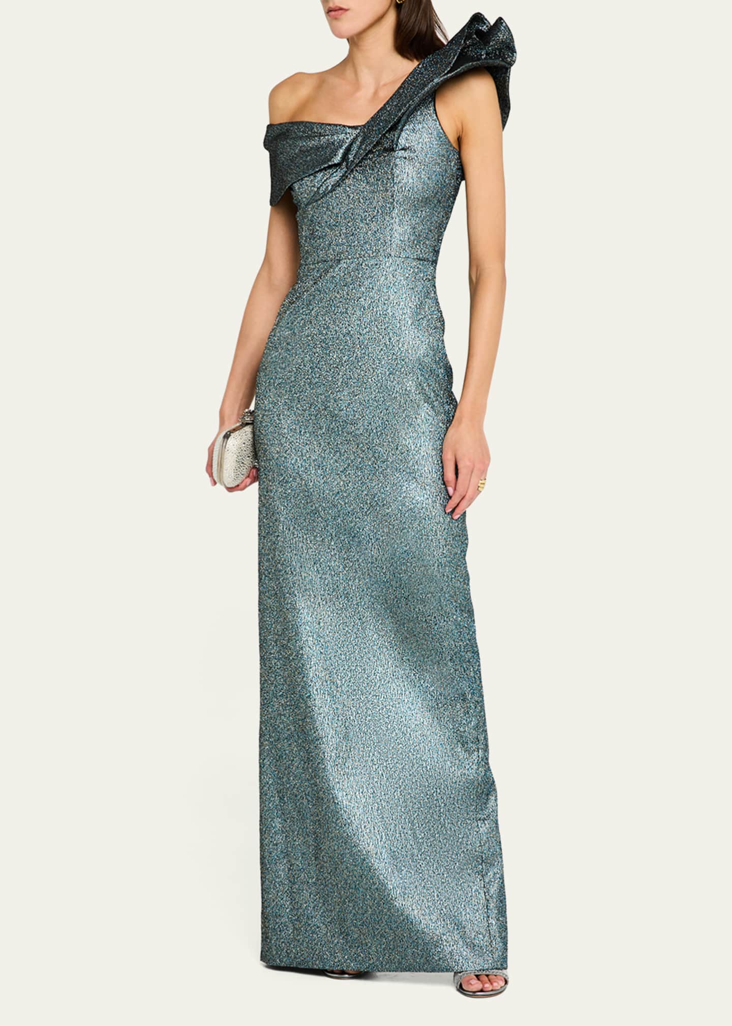Rickie Freeman for Teri Jon One-Shoulder Metallic Jacquard Column Gown Image 4 of 5