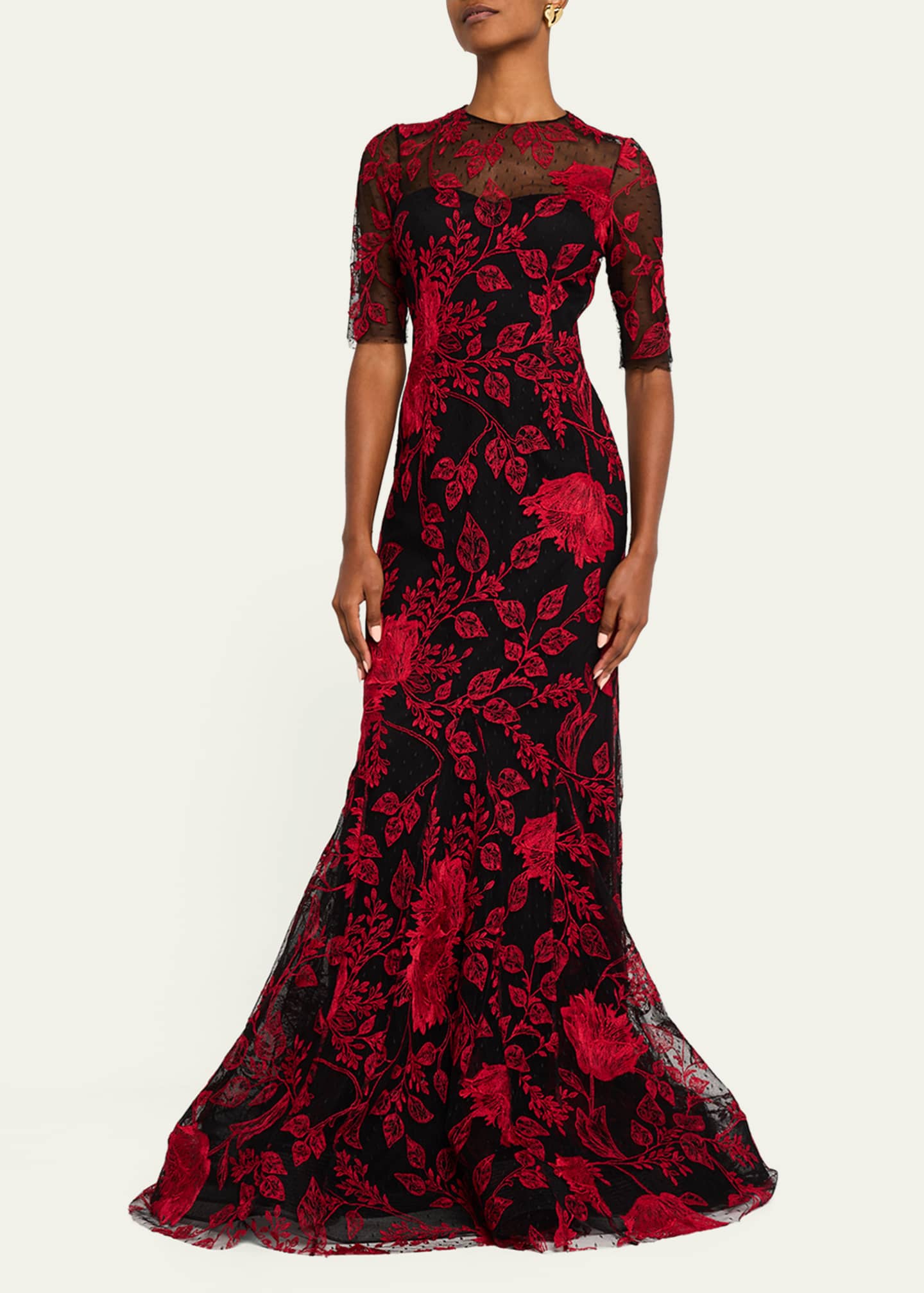 Rickie Freeman for Teri Jon Floral-Embroidered Lace Trumpet Gown Image 3 of 5
