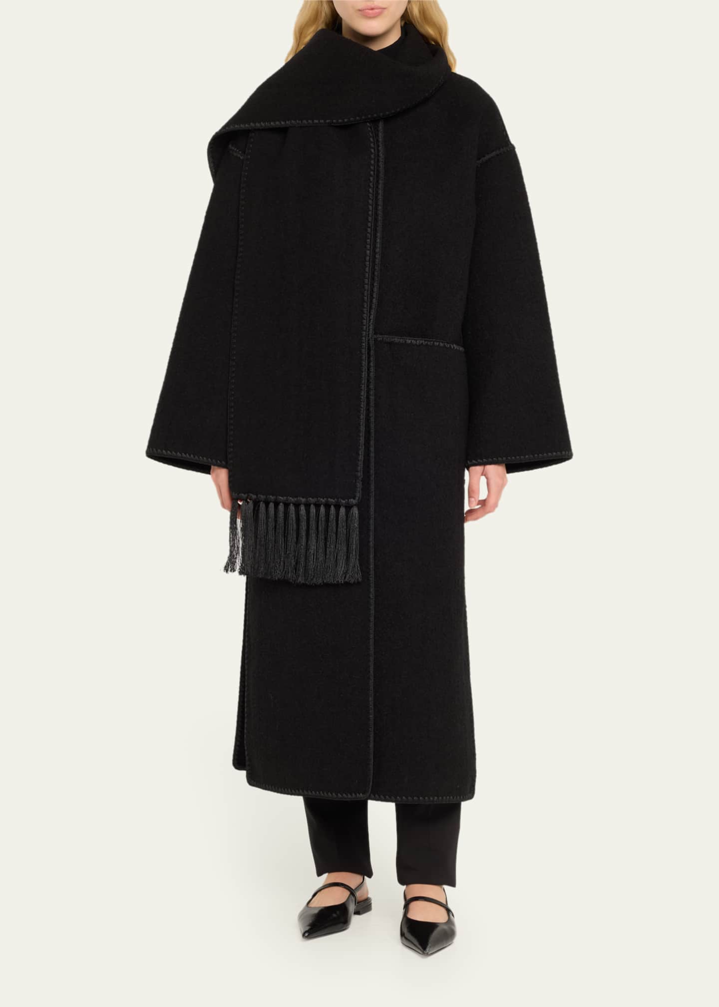 Fringe Embroidered Scarf Wool Coat