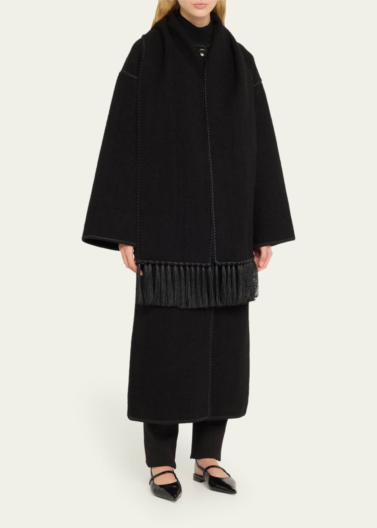 Fringe Embroidered Scarf Wool Coat