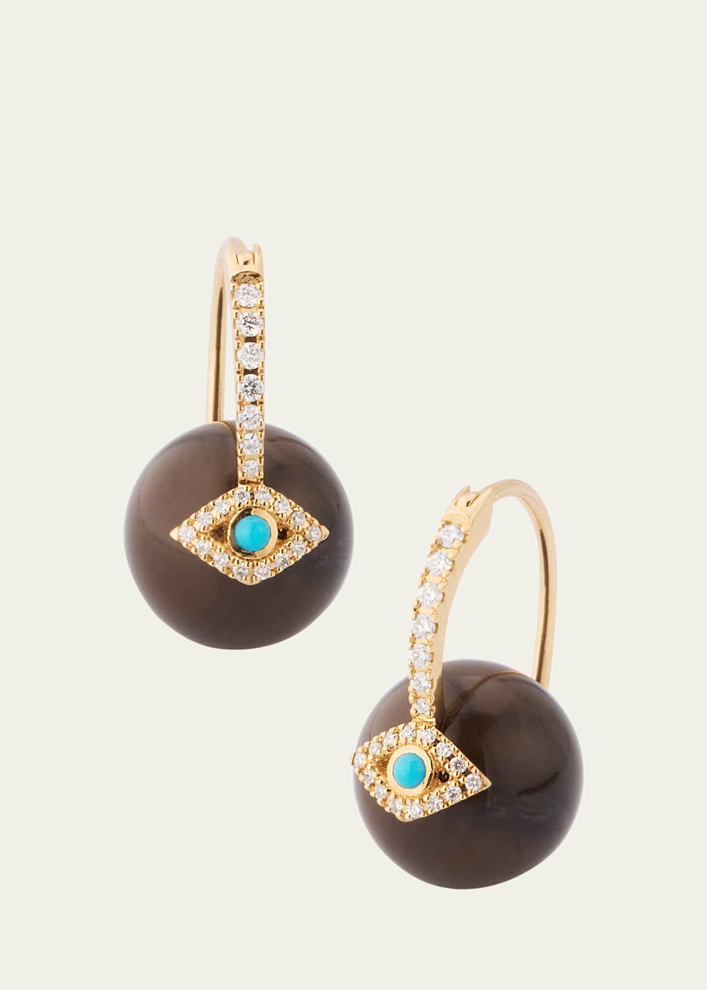 14K Yellow Gold Pave Diamond and Turquoise Evil Eye Bead Earrings