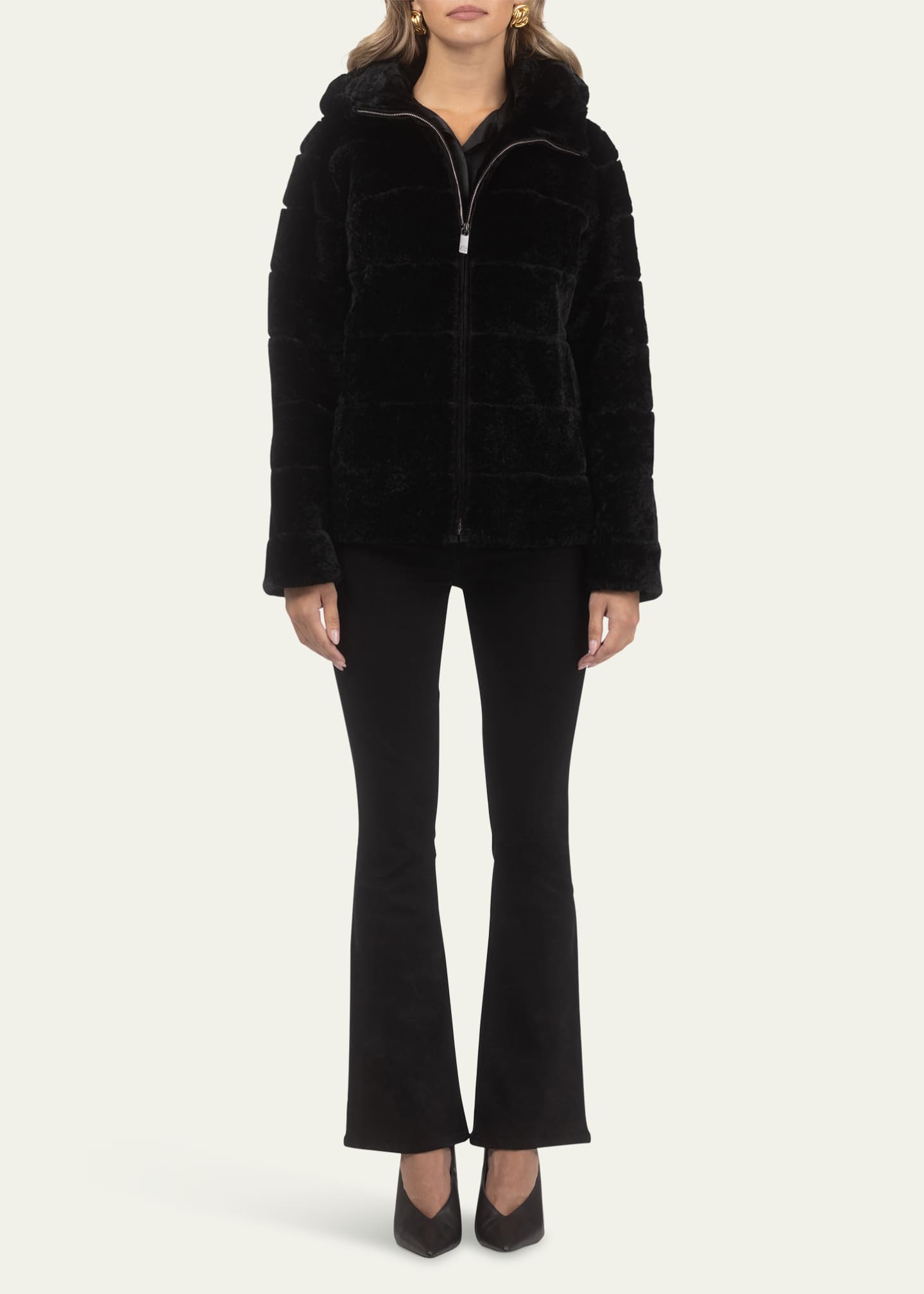 Gorski Horizontal Curly Shearling Lamb Zip Hooded Jacket Image 2 of 4