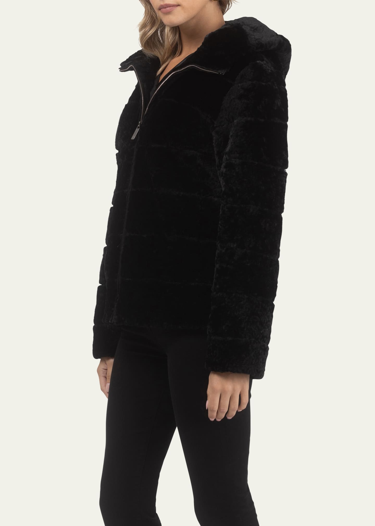 Gorski Horizontal Curly Shearling Lamb Zip Hooded Jacket Image 4 of 4