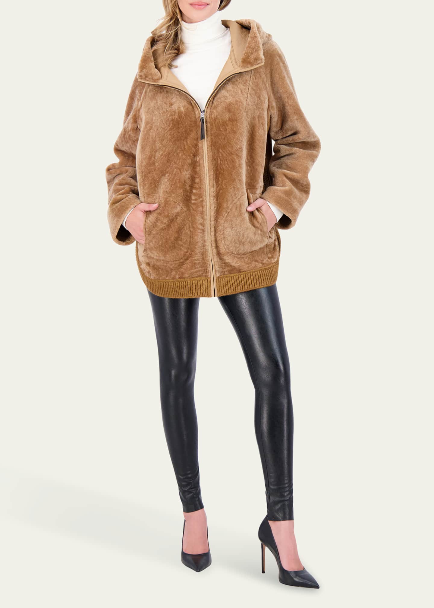 Gorski Reversible Textured Shearling Lamb Zip Hooded Jacket Image 2 of 4