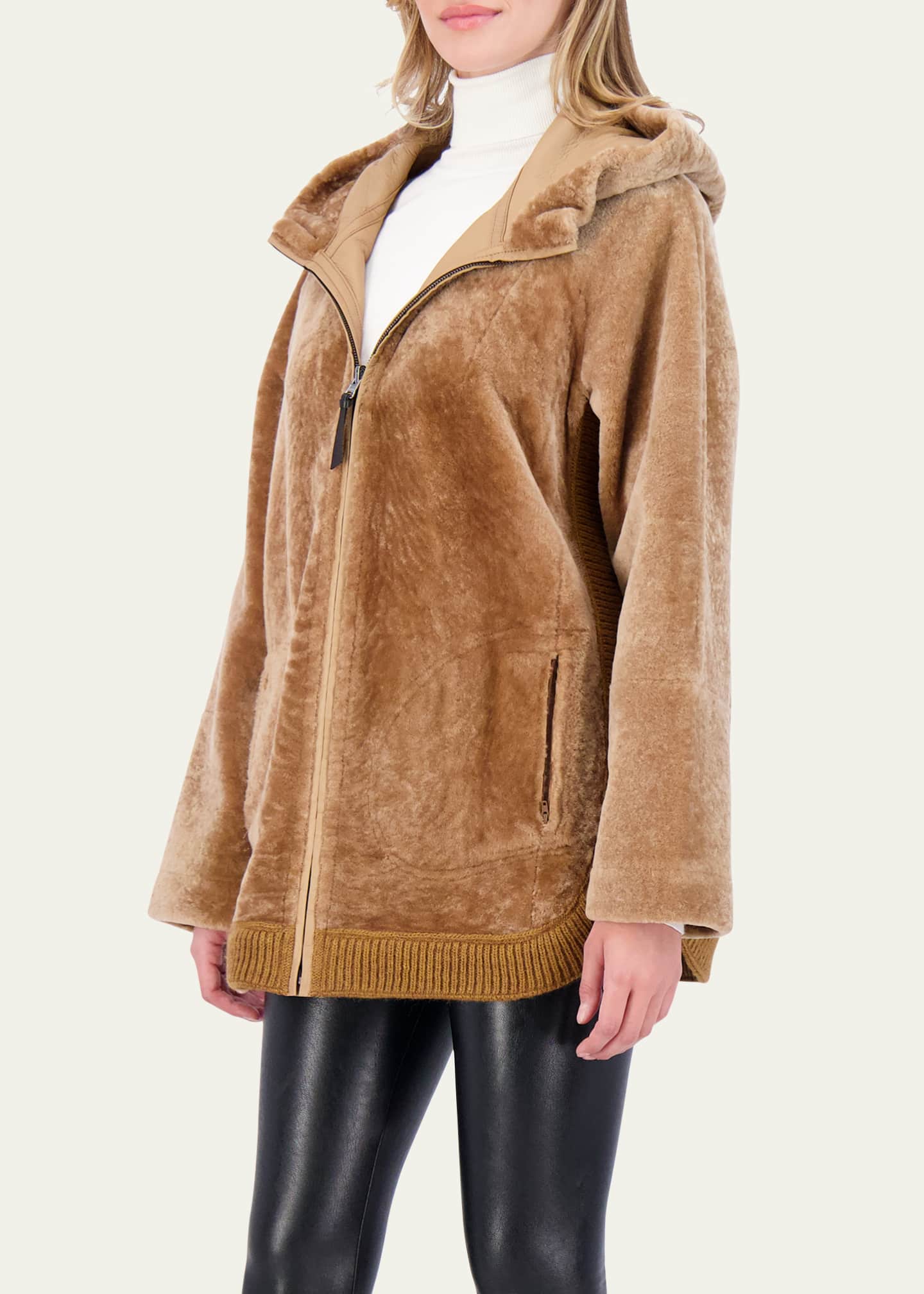 Gorski Reversible Textured Shearling Lamb Zip Hooded Jacket Image 4 of 4