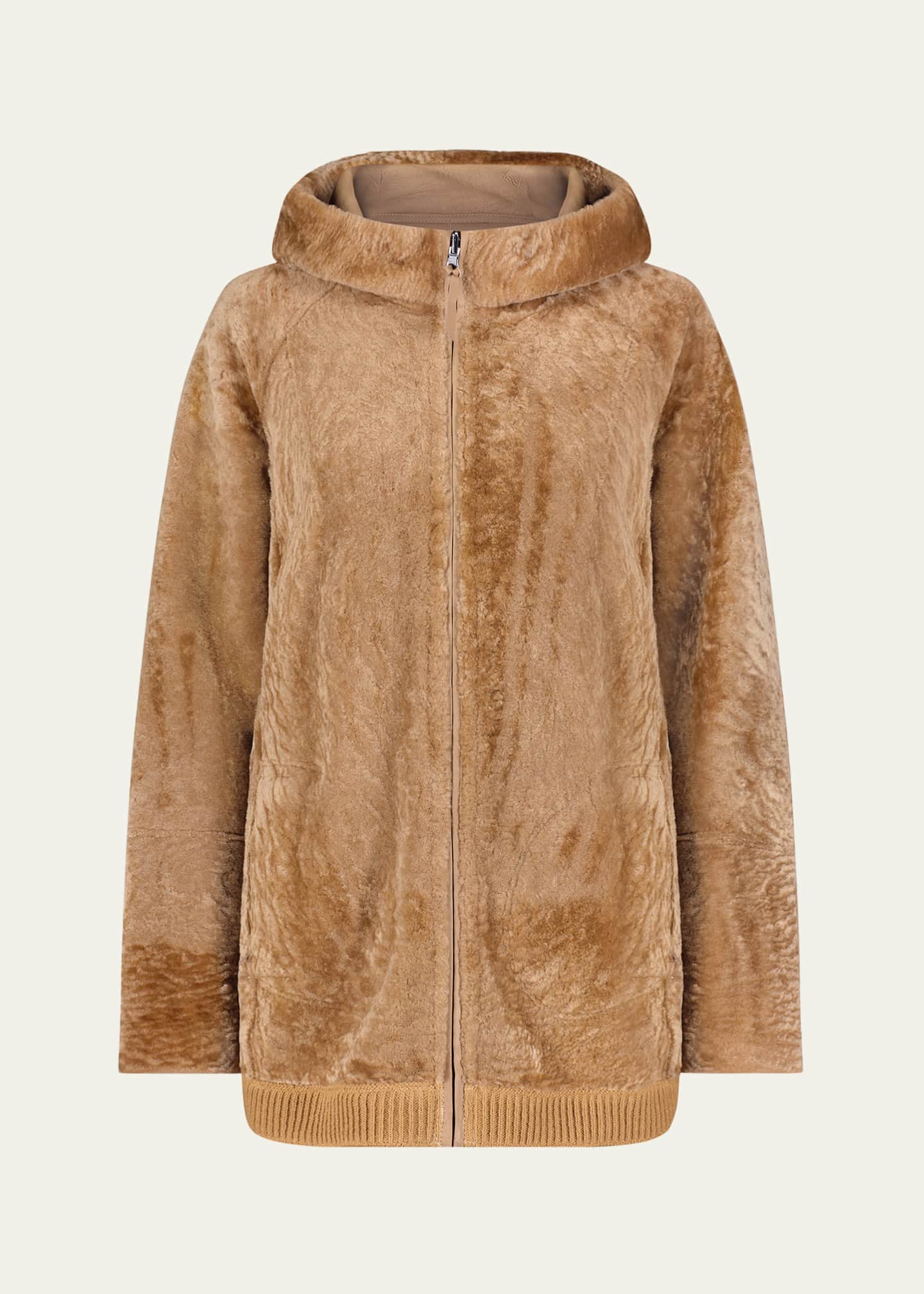 Gorski Reversible Textured Shearling Lamb Zip Hooded Jacket Image 1 of 4
