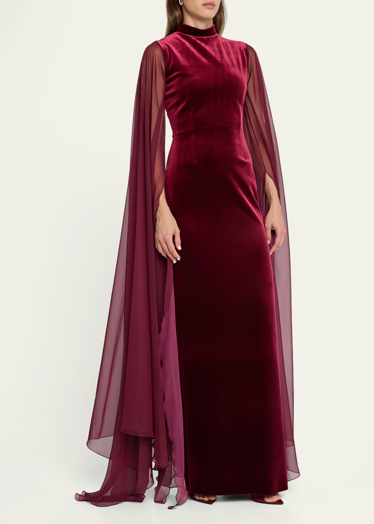 Cape-Sleeve Velvet Column Gown