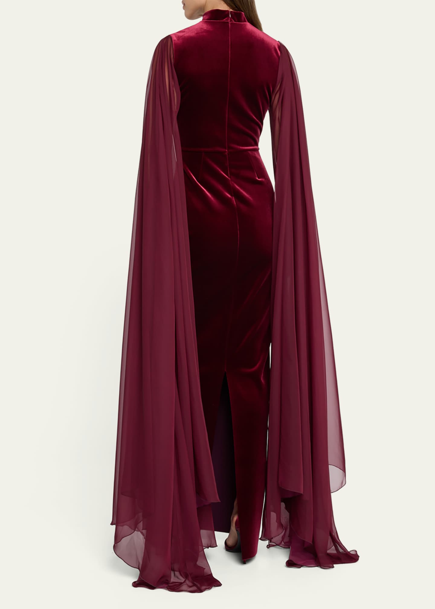 Cape-Sleeve Velvet Column Gown