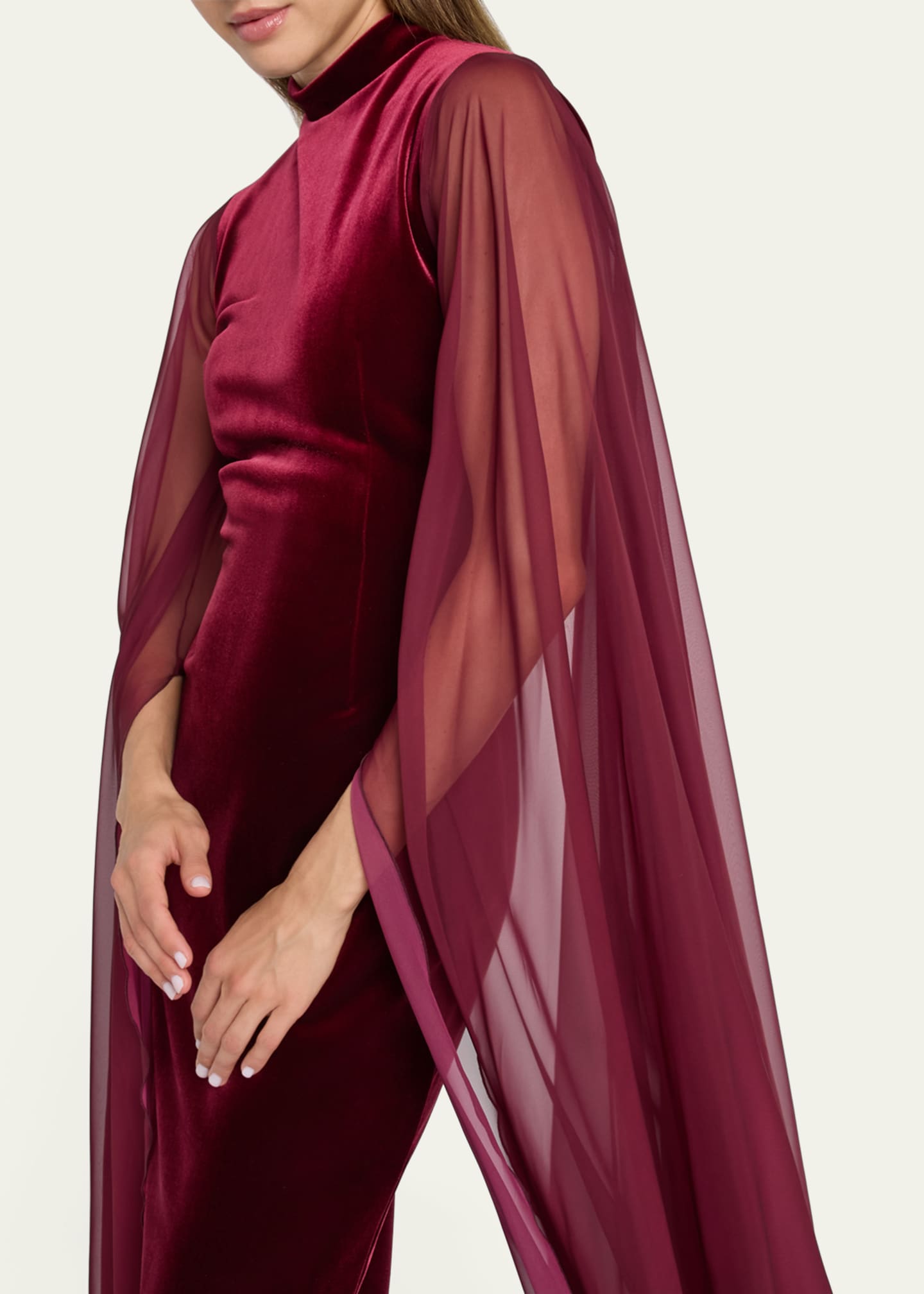 Cape-Sleeve Velvet Column Gown