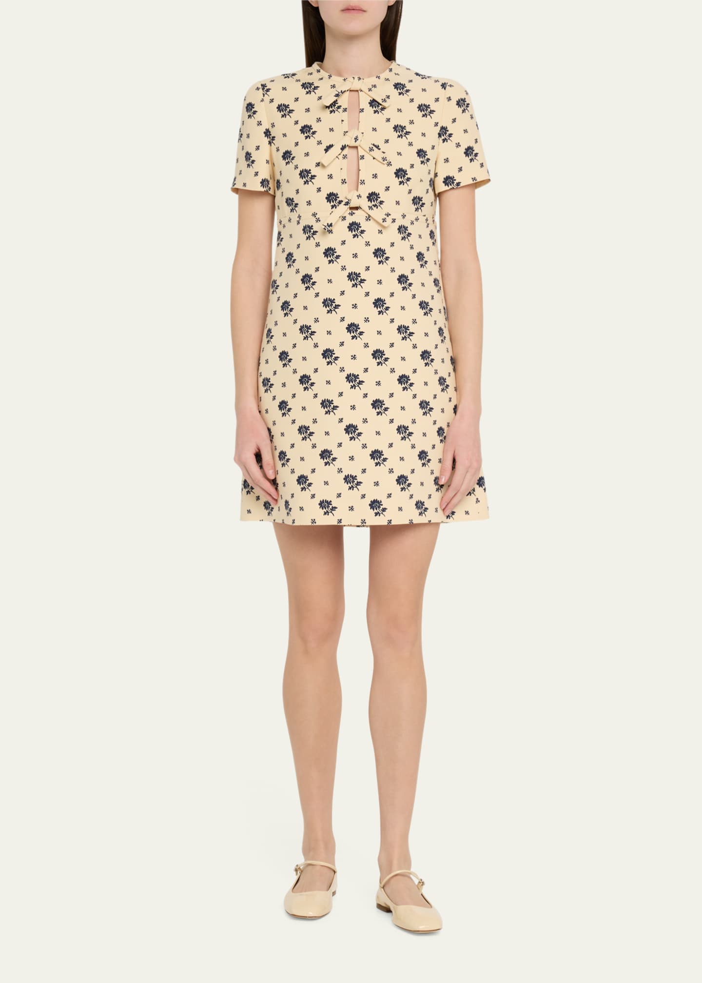 Valentino Garavani Floral Print Bow Keyhole Wool Mini Dress Image 2 of 5