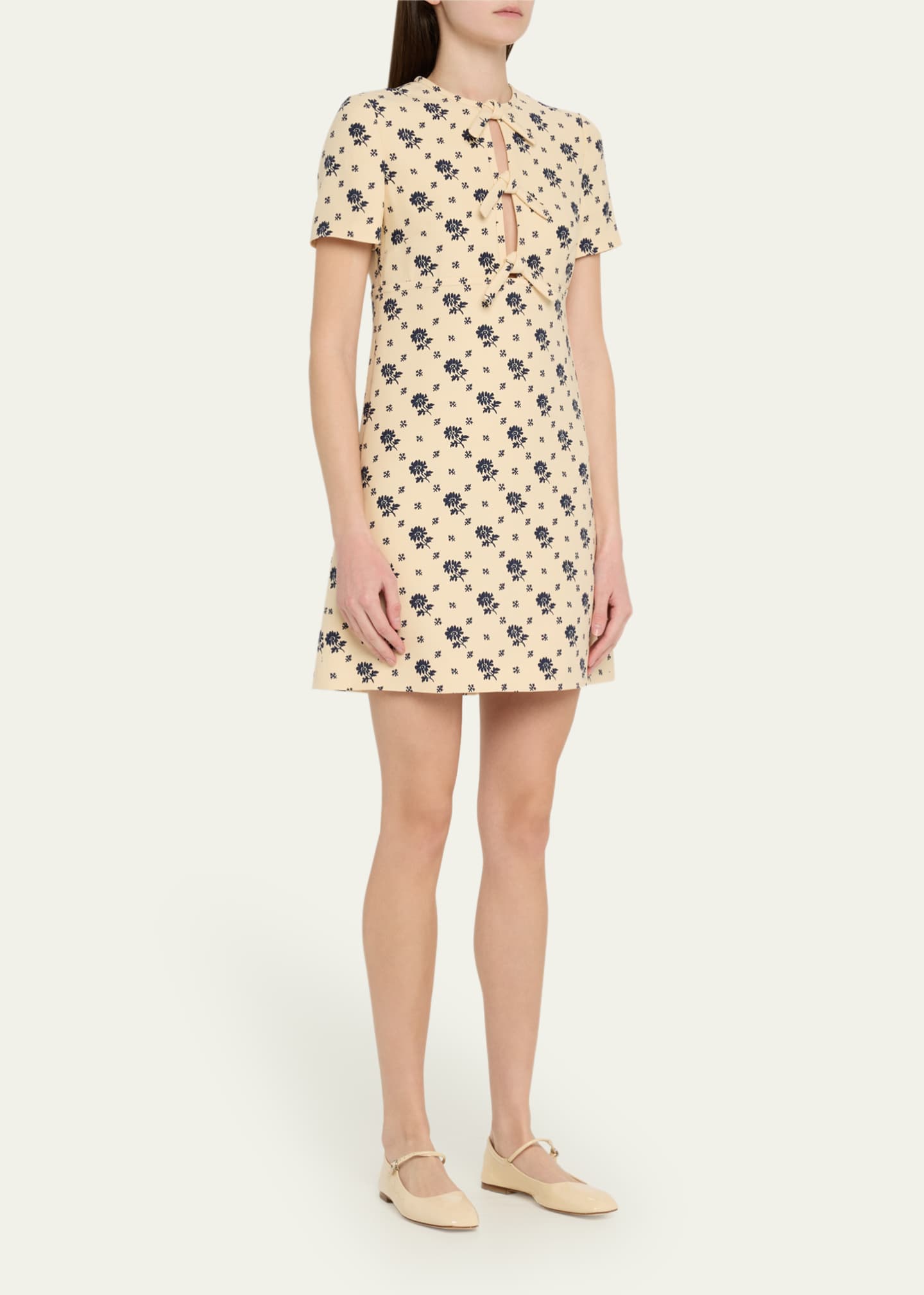 Valentino Garavani Floral Print Bow Keyhole Wool Mini Dress Image 4 of 5