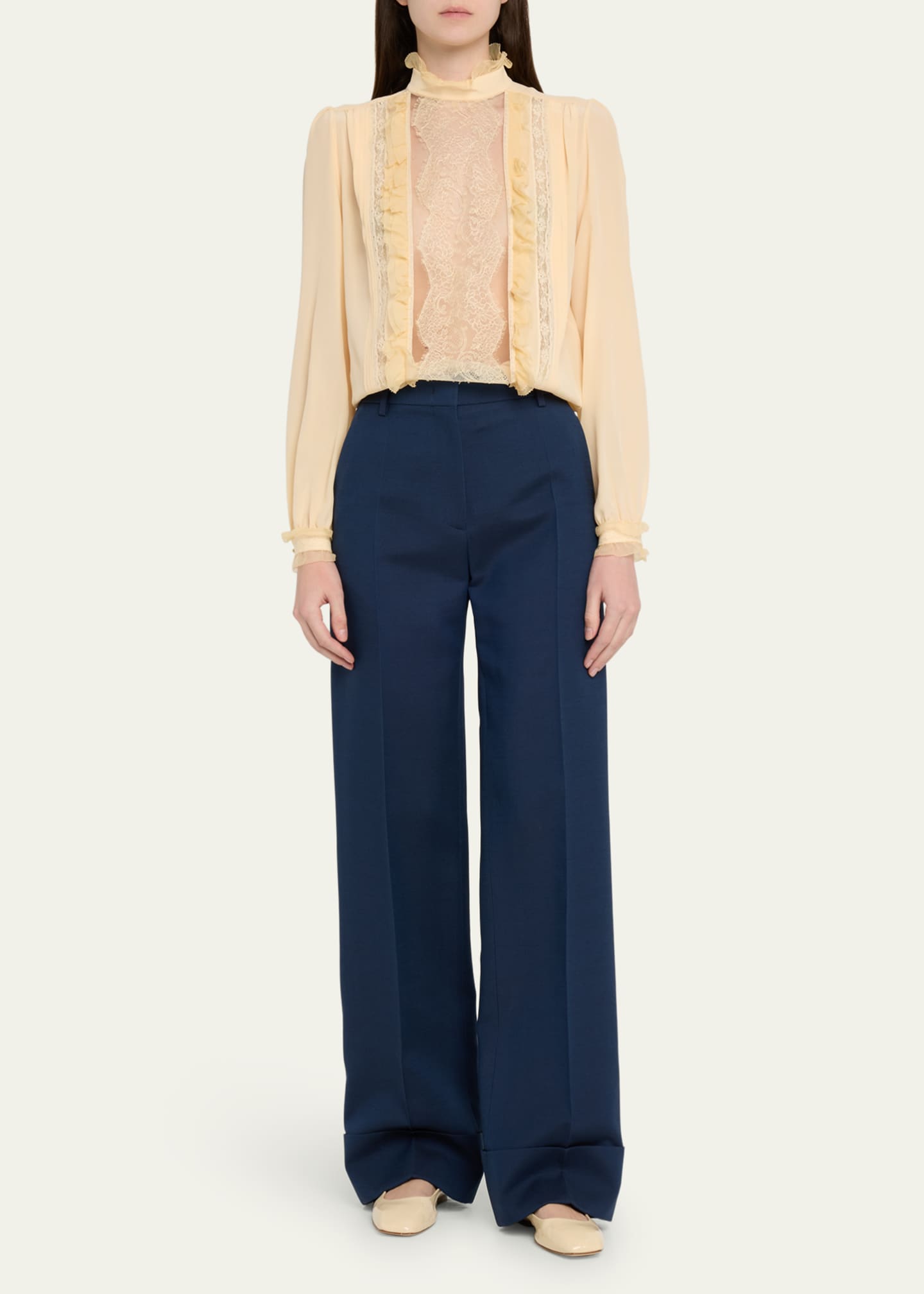Valentino Garavani High-Neck Ruffle Lace-Bib Silk Blouse Image 2 of 5