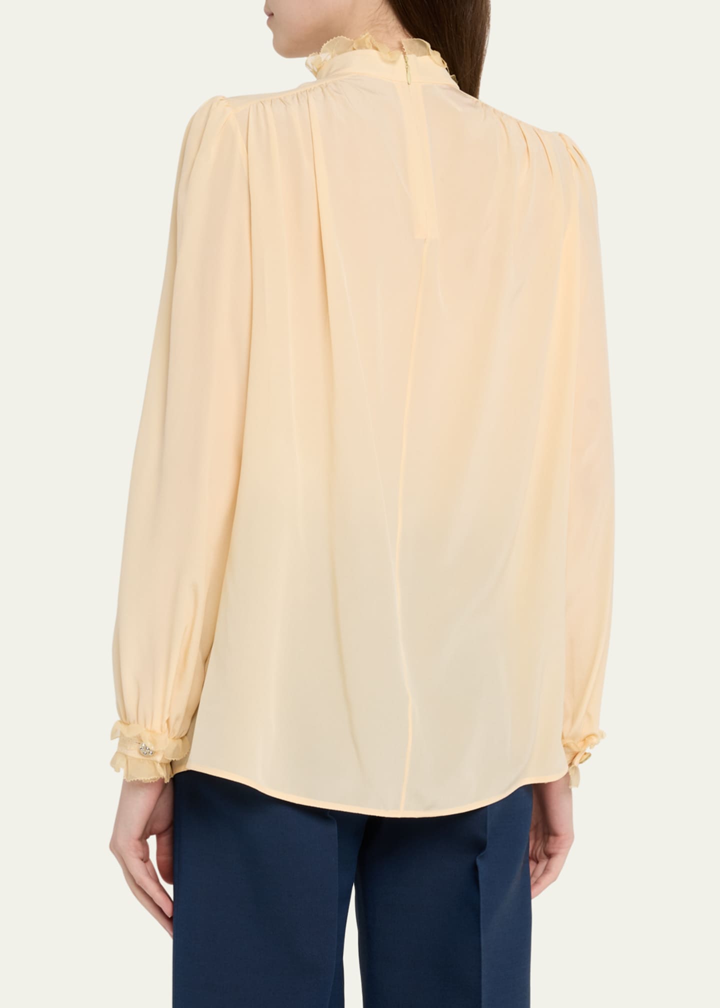 Valentino Garavani High-Neck Ruffle Lace-Bib Silk Blouse Image 3 of 5