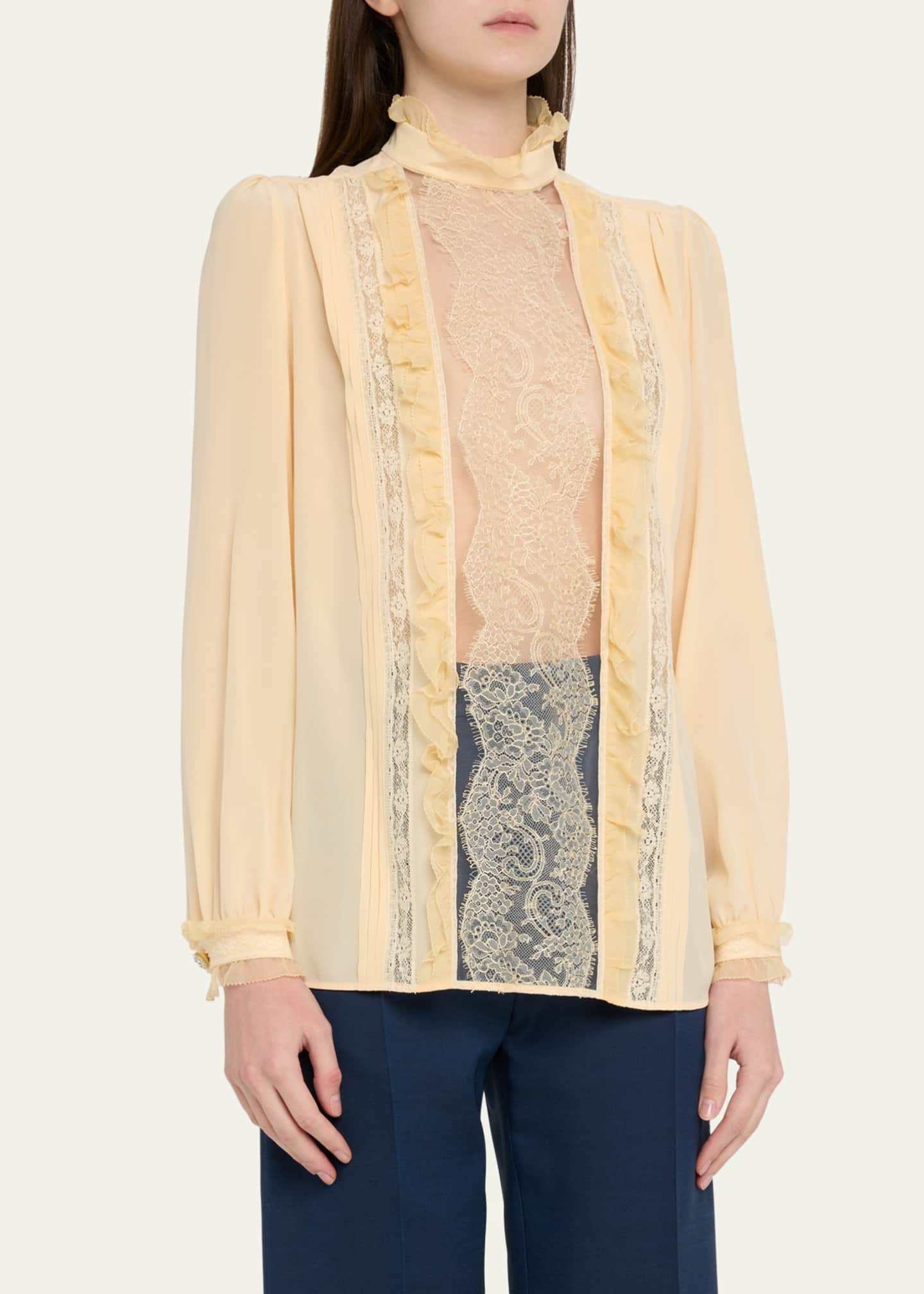 Valentino Garavani High-Neck Ruffle Lace-Bib Silk Blouse Image 4 of 5