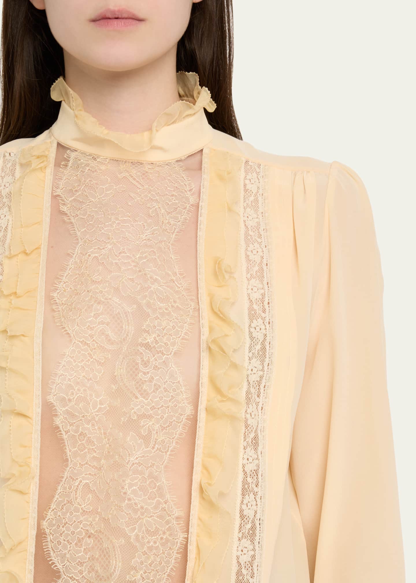 Valentino Garavani High-Neck Ruffle Lace-Bib Silk Blouse Image 5 of 5
