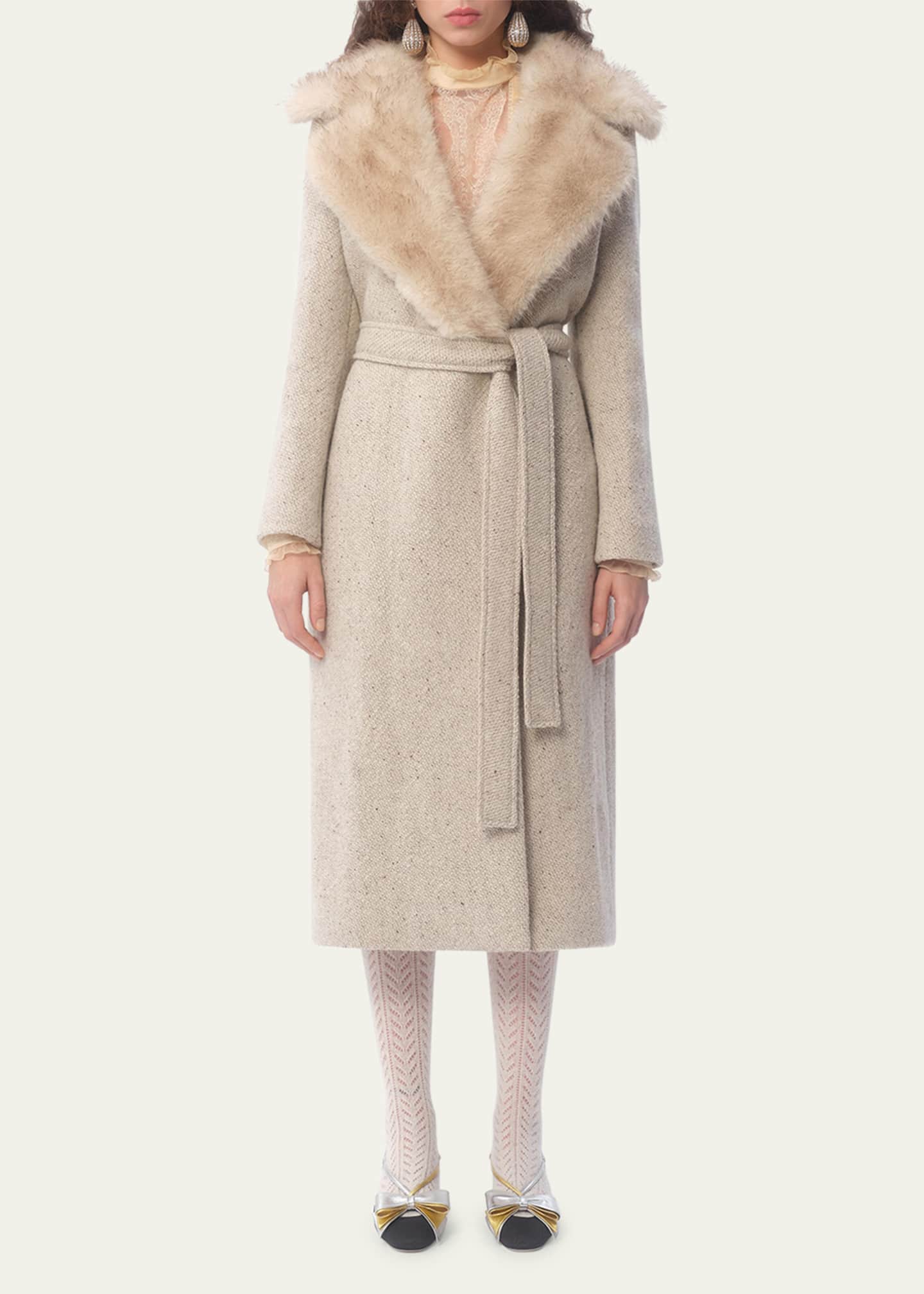 Valentino Garavani Belted Faux Fur Collar Wool Coat Image 2 of 4