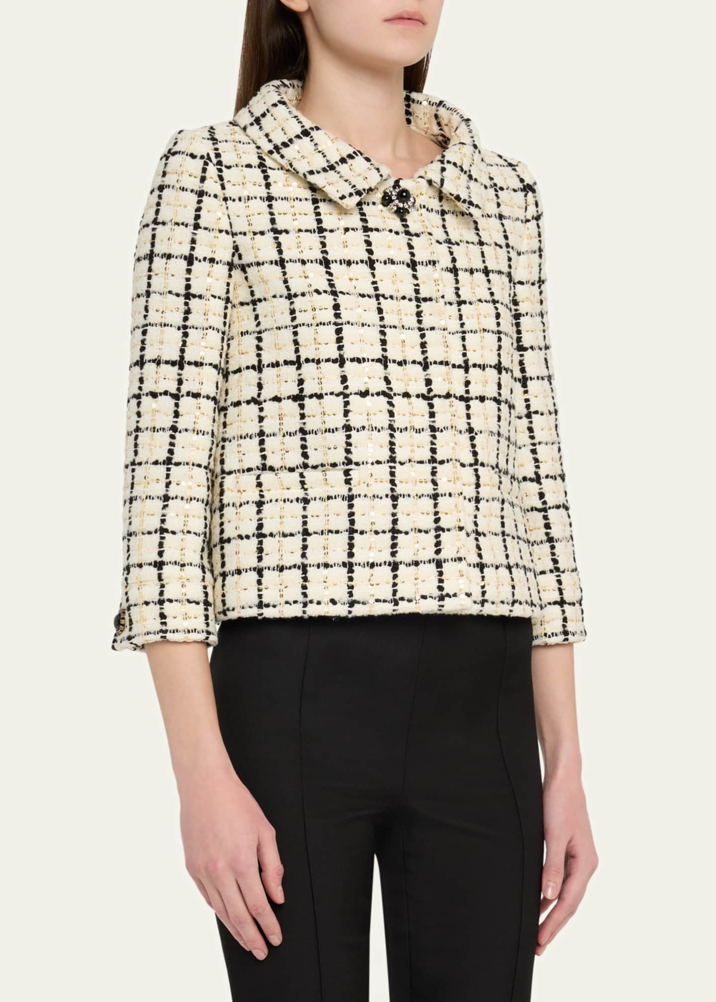 Valentino Garavani Check Three-Quarter Sleeve Tweed Jacket Image 4 of 5