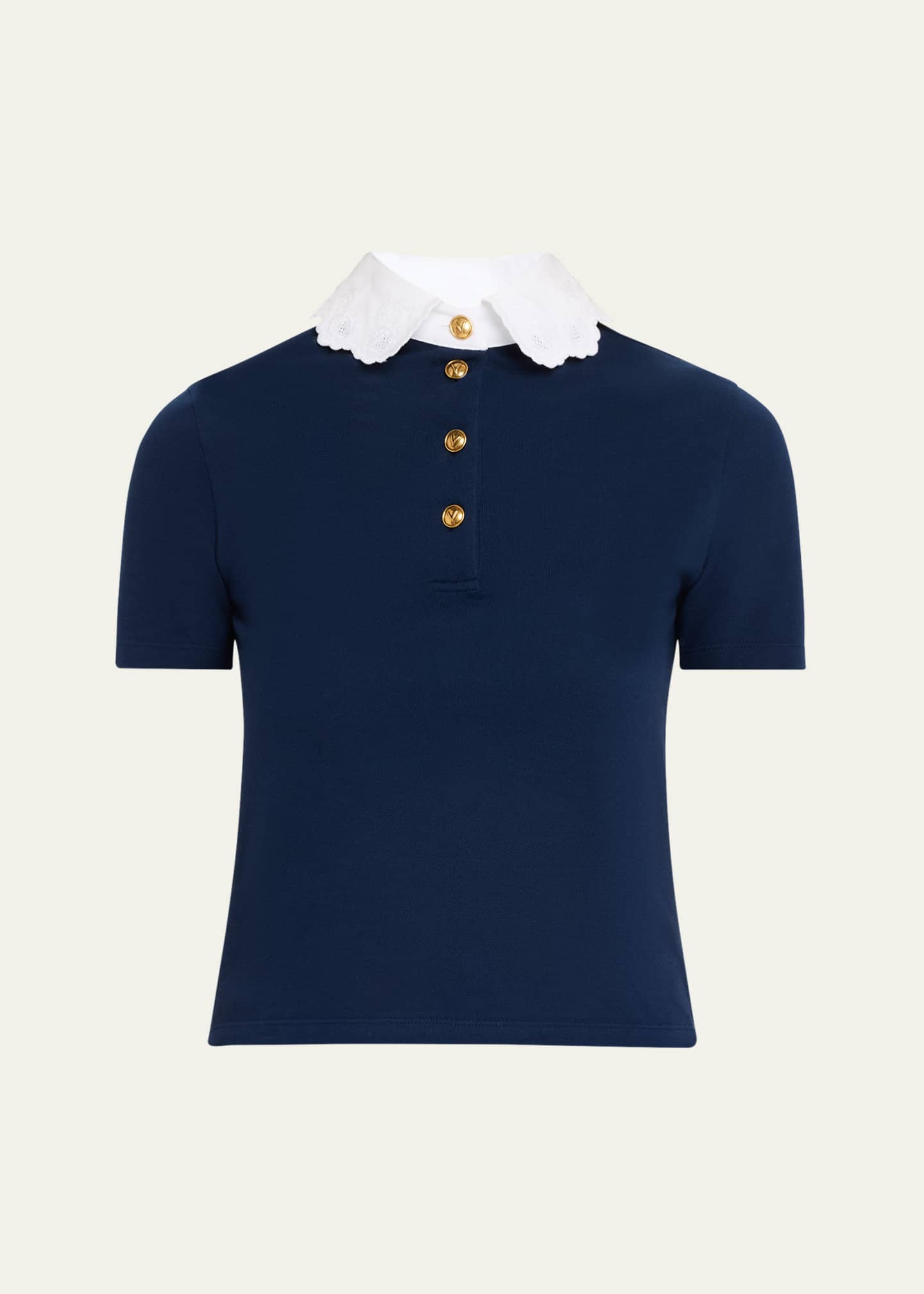 Valentino Garavani Lace-Collar Short-Sleeve Knit Polo Top Image 1 of 5