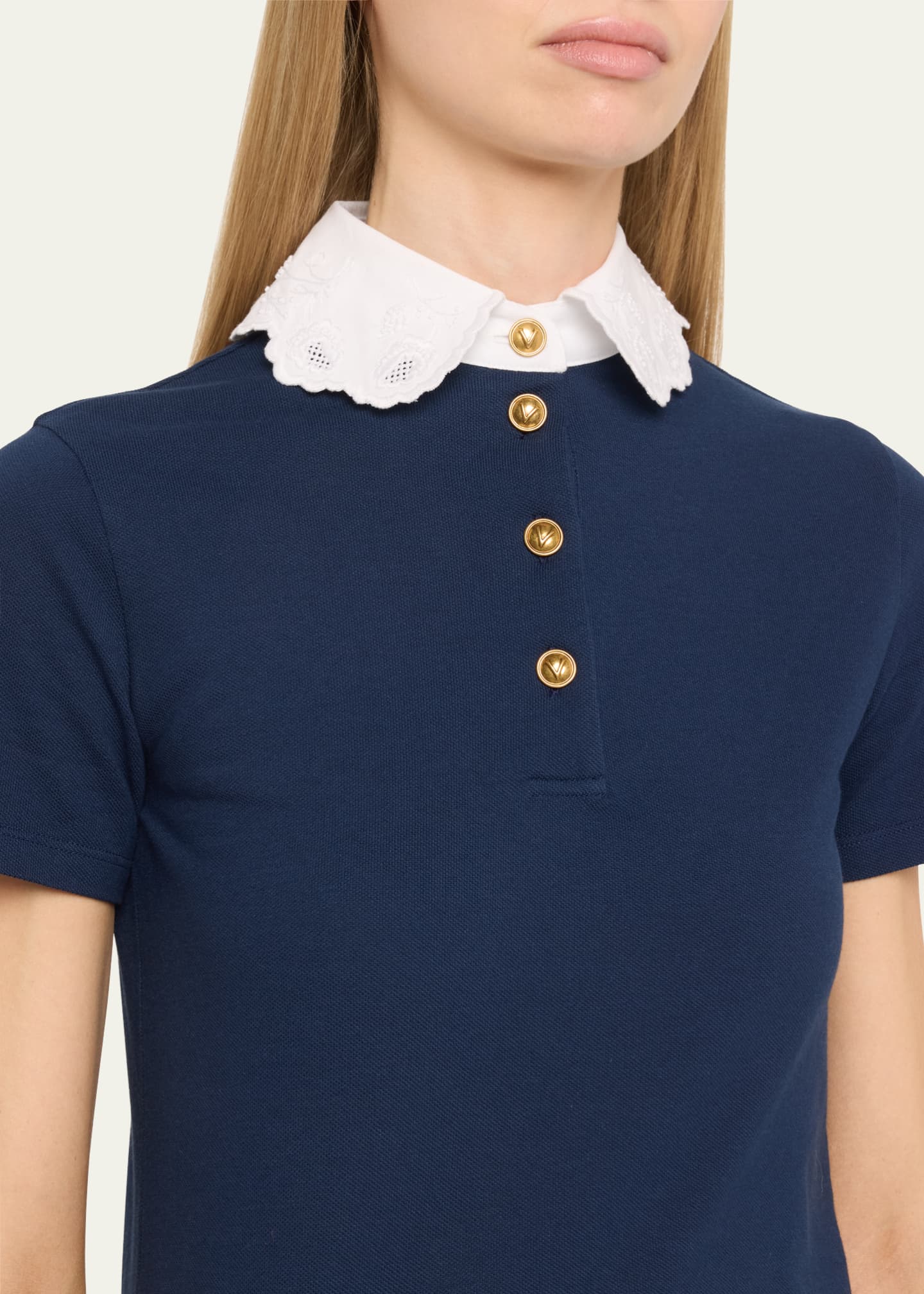 Valentino Garavani Lace-Collar Short-Sleeve Knit Polo Top Image 5 of 5