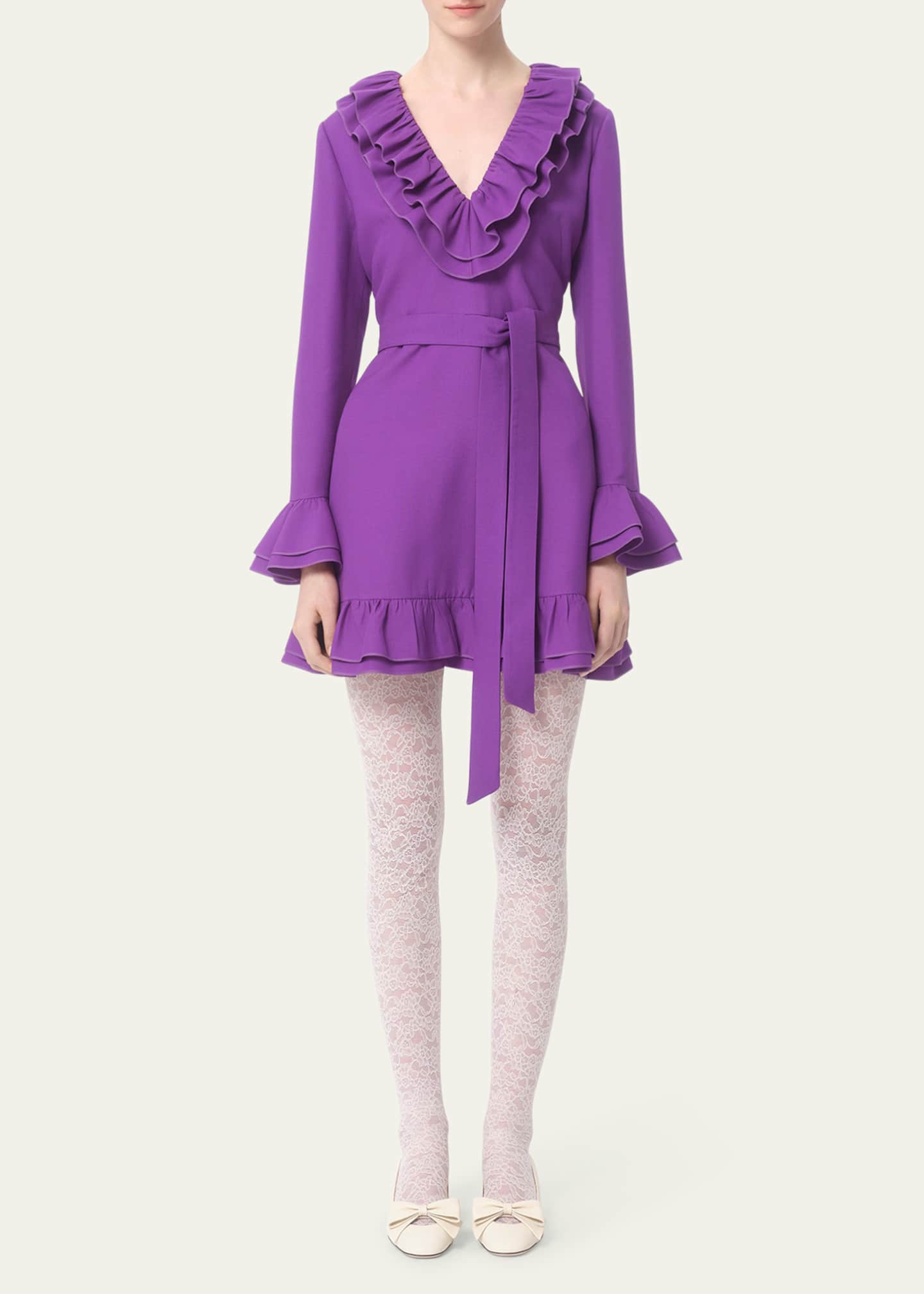 Valentino Garavani Tiered Ruffle V-Neck Wool Mini Dress Image 2 of 5
