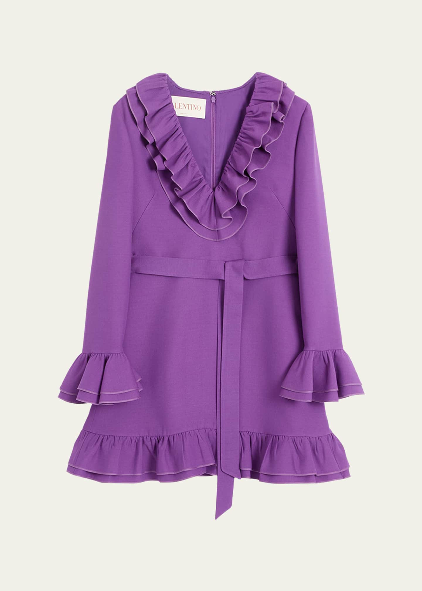 Valentino Garavani Tiered Ruffle V-Neck Wool Mini Dress Image 1 of 5