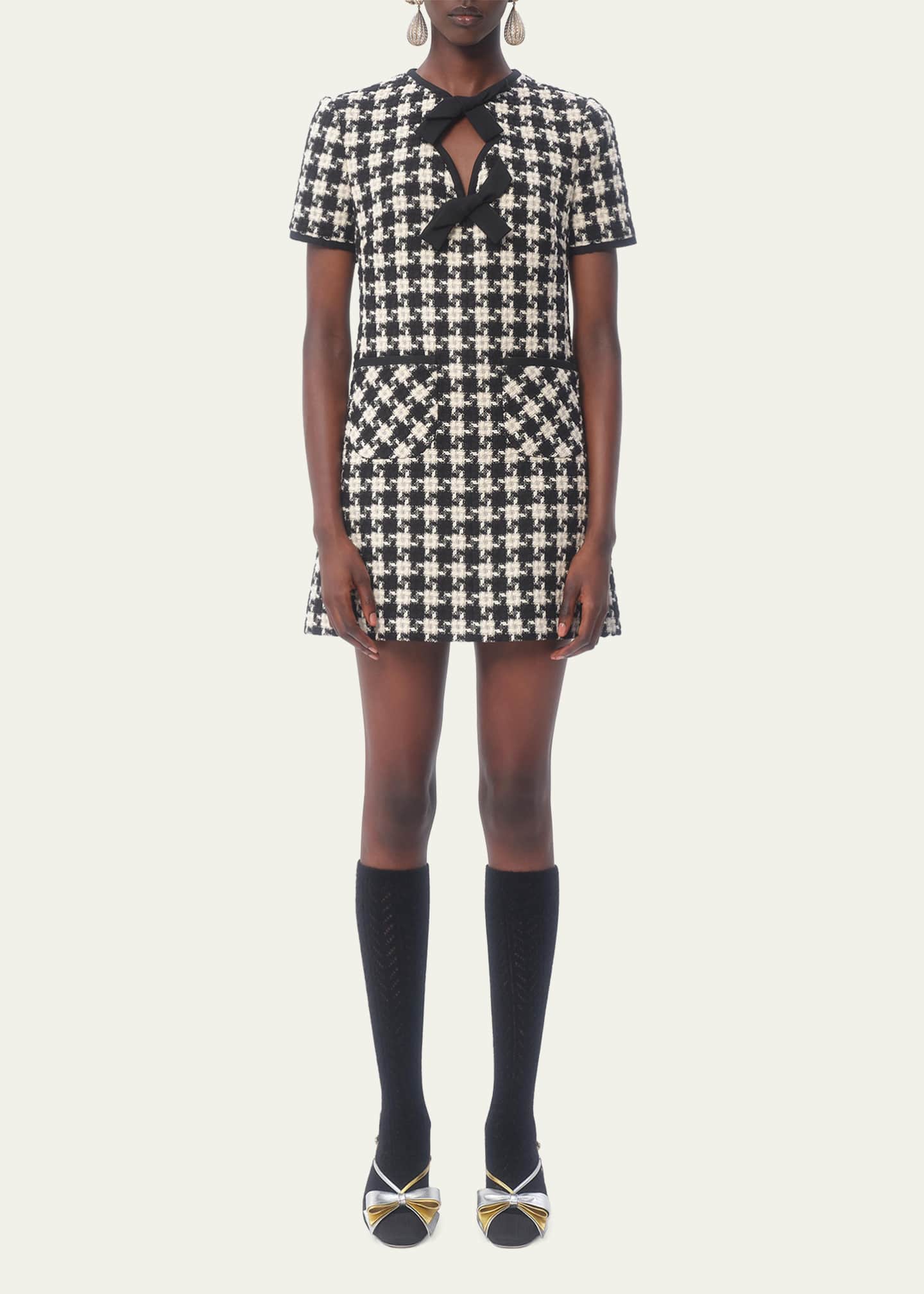 Valentino Garavani Tweed Houndstooth Bow Mini Dress Image 2 of 5